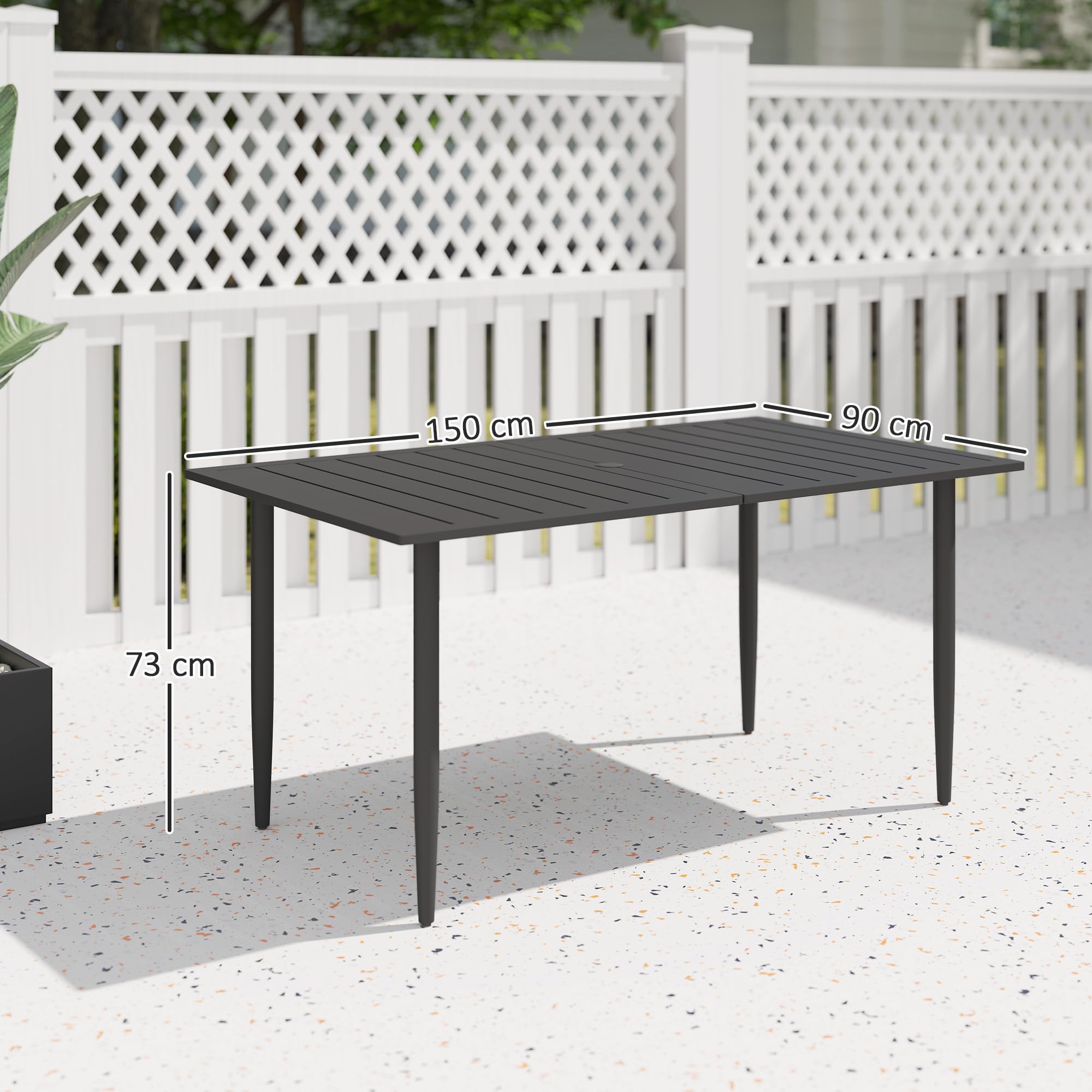Outsunny Tavolo da Giardino Rettangolare 150x90x73 cm, Tavola da Pranzo per 6 Persone con Design a Doghe e Foro per Ombrellone in Acciaio, Per Patio, Terrazzo, Balcone ed Esterno, Nero