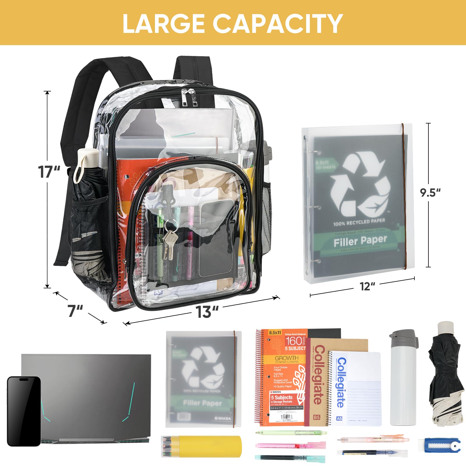 BALEINE Clear Backpack for Girls, Clear Backpacks for School, Heave Duty PVC Clear Bags Clear bookbag (Black)