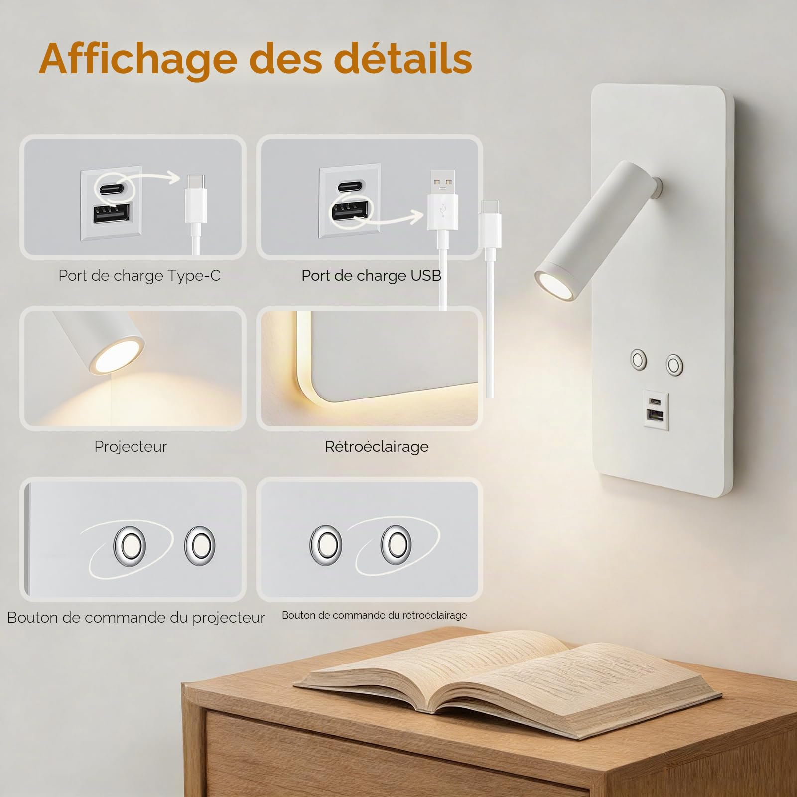 2Pcs Liseuse Applique Murale LED avec Interrupteur, Port USB et Type C, Liseuse de Chevet Dimmable en continu, 3W+9W 3000K Moderne Li-seuse Murale Chambre pour Chambre Salon Hôtel Lire(D)