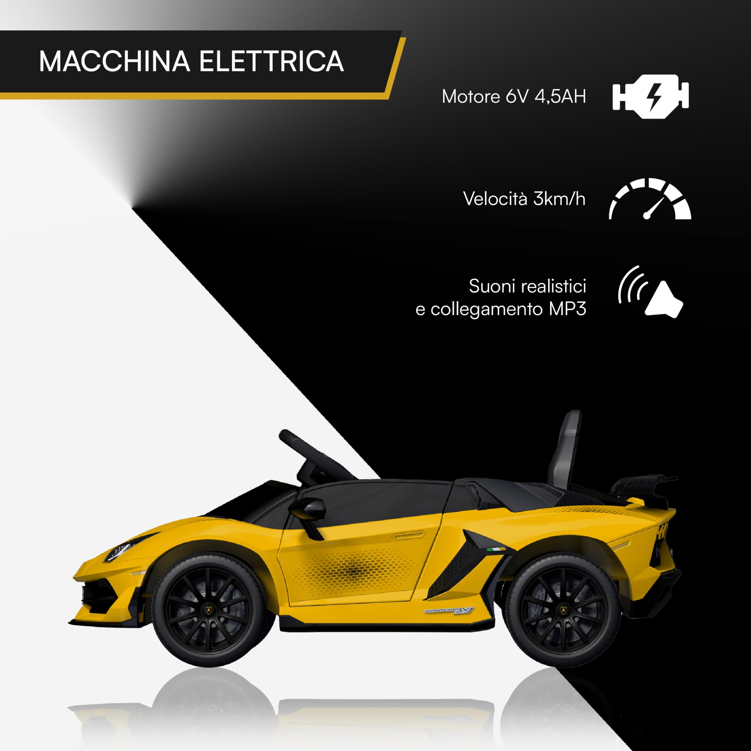 Baroni Toys Lamborghini Baby Car Elettrica 6V con Telecomando Genitori, Suoni, MP3, Retromarcia, Auto per Bambini 1-4 Anni, 100x60x50 cm Gialla