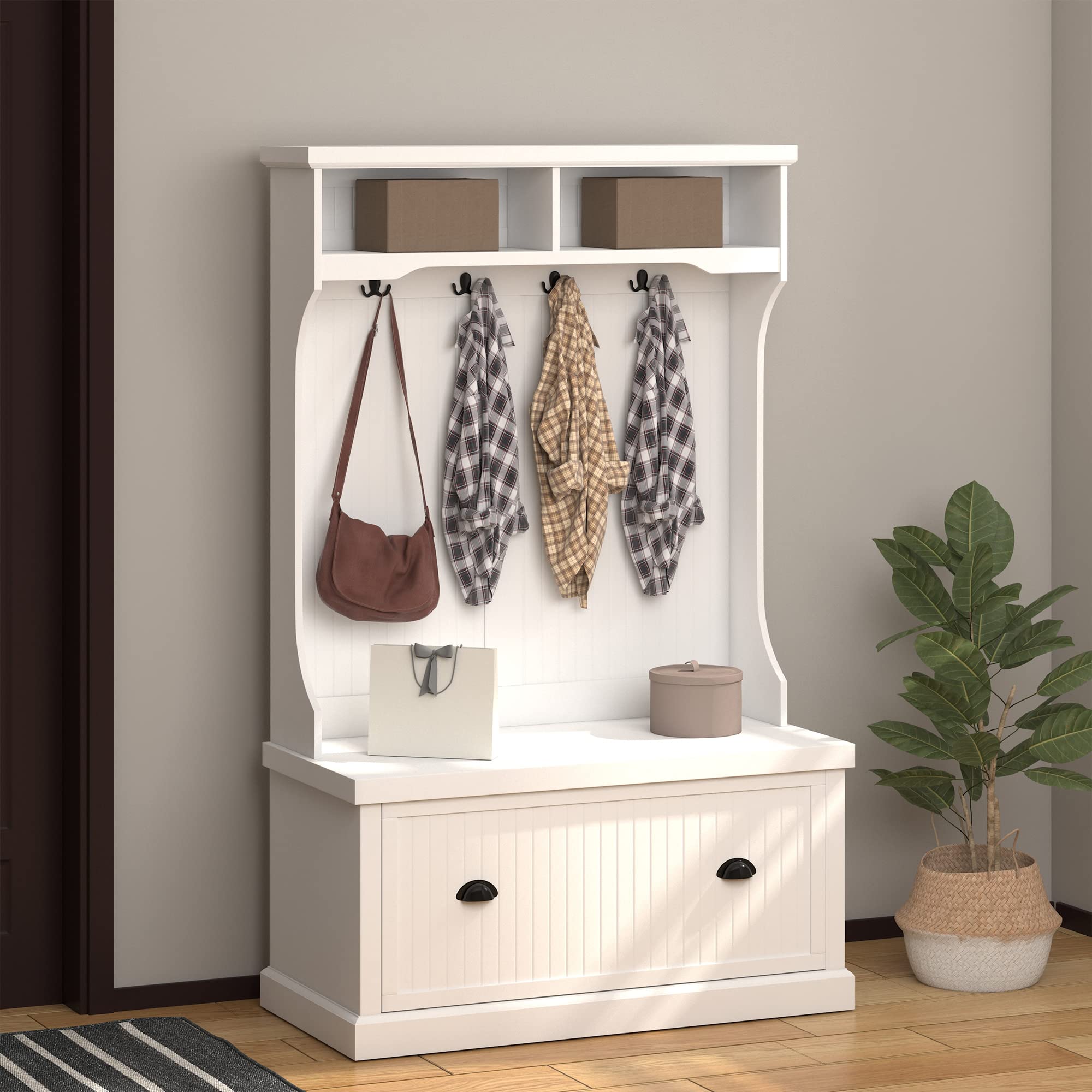 Hall Tree For Entryway, Coat Rack Shoe Bench With Bottom Storage
