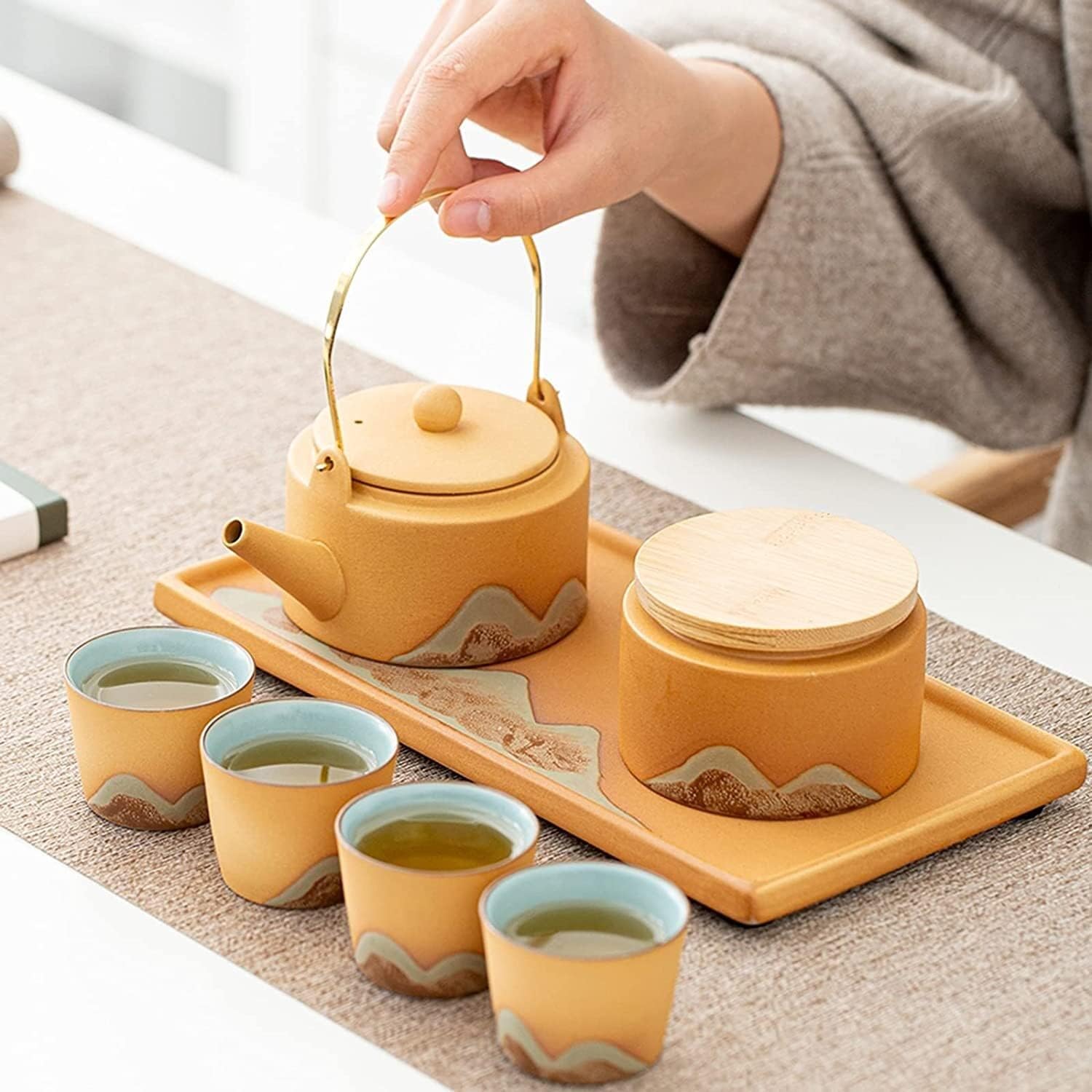 ティーセット コーヒーカップセット ティーカップセット ティーポットセット 中国製 手作り 健康陶器 ティーポット ティートレイ付き