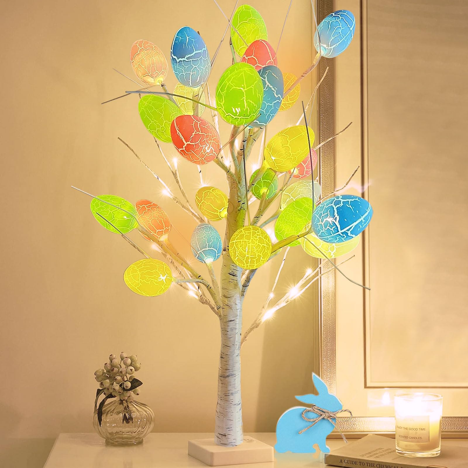 Osterdeko, Osterbaum mit 12 Bunten Ostereier, Ostern Tischdekoration, Osterdeko für Draußen, Warmweiß LED Lichterbaum, Osterzweige Osterdekoration Osterdeko Eier Lichterketten für Innen Deko Frühling