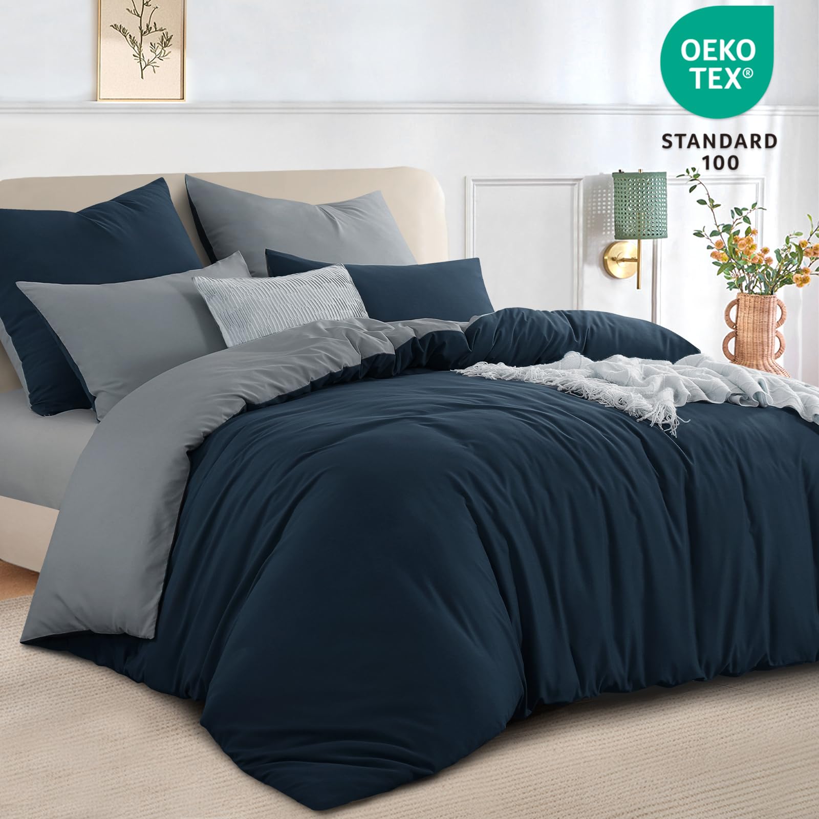 RUIKASI Beddengoed, 200 x 200 cm, blauwgrijs, 3-delig, omkeerbaar dekbedovertrek, 200 x 200 cm, met ritssluiting, Oeko-Tex microvezel, beddengoedset, zacht en strijkvrij