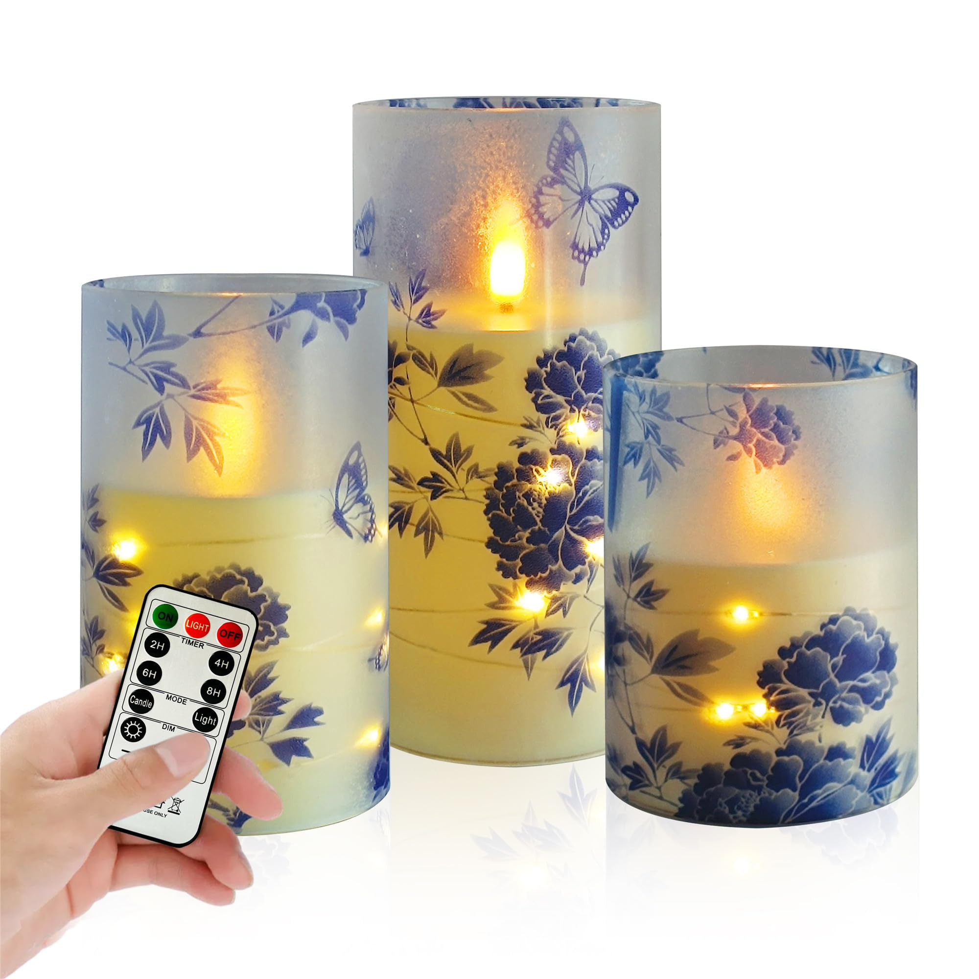 Flameless Candles with String Lights - Set of 3 Chinoiserie Battery Operated Candle Flickering Floral LED Pillar Candles with Timer Remote for Home Decor Romantic Ambiance