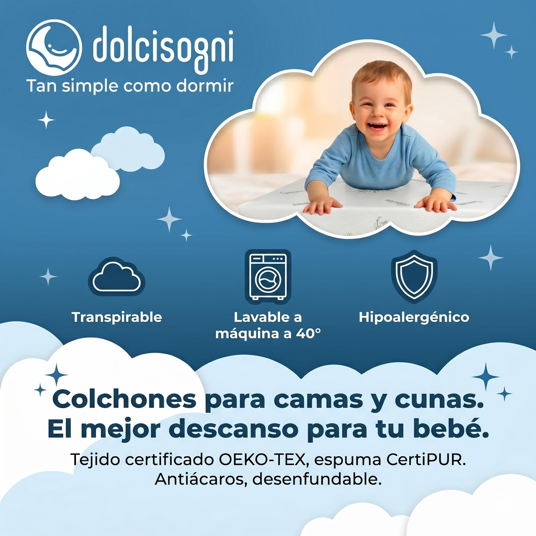 DOLCI SOGNI Colchón Cuna 50x83 cm - Colchón Next to Me Chicco - 100% Made in Italy - Oeko-Tex® y CertiPUR™ - Colchón de Cuna Bebé con Funda de Aloe Vera Lavable