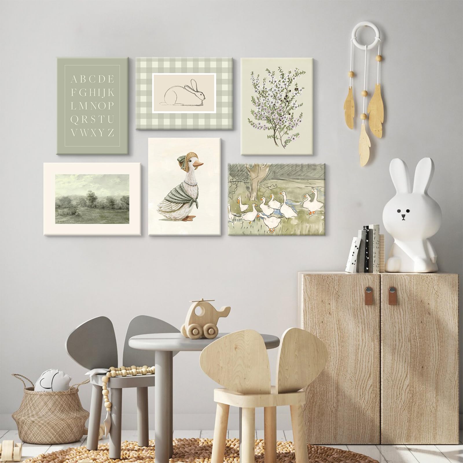 6Pcs Sage Green Nursery Wall Art - Vintage Floral Animal Posters 8x10 Inches Unframed