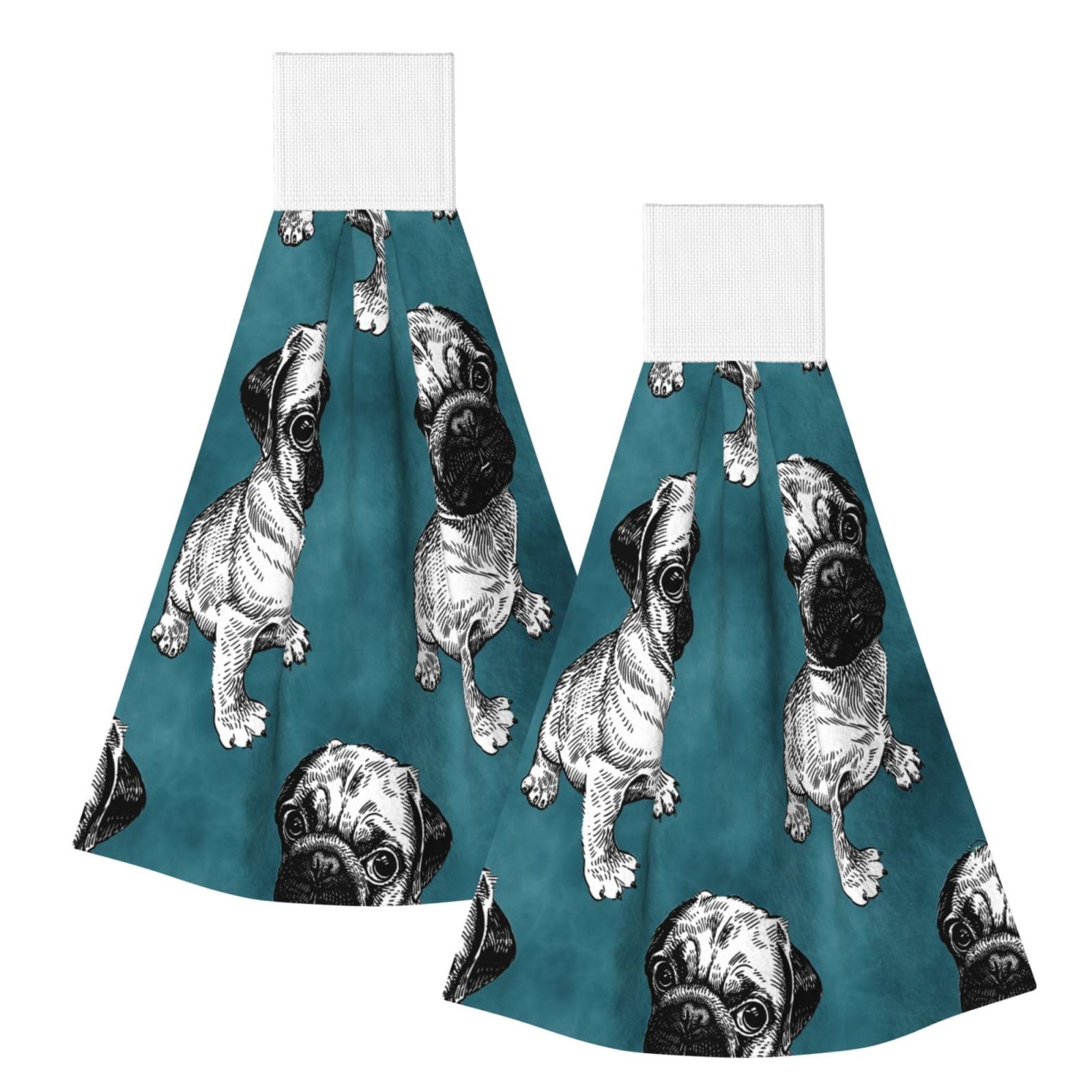 DOPKLNA Pug Dark Teal, 2 Pcs Hanging Coral Fiber Hand Towels for Bathroom, Absorbent Kitchen Towels
