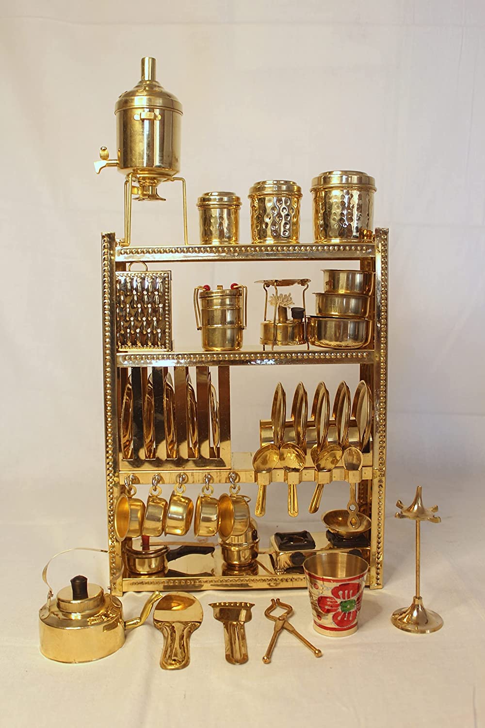 Tirtha Enterprises Handcrafted Brass Miniature Kitchen Set/Bhatukali/Toy Set/Home Decor/choppu Jaman/Real Cooking Kit for Play with Brass Stand (Gold 1)