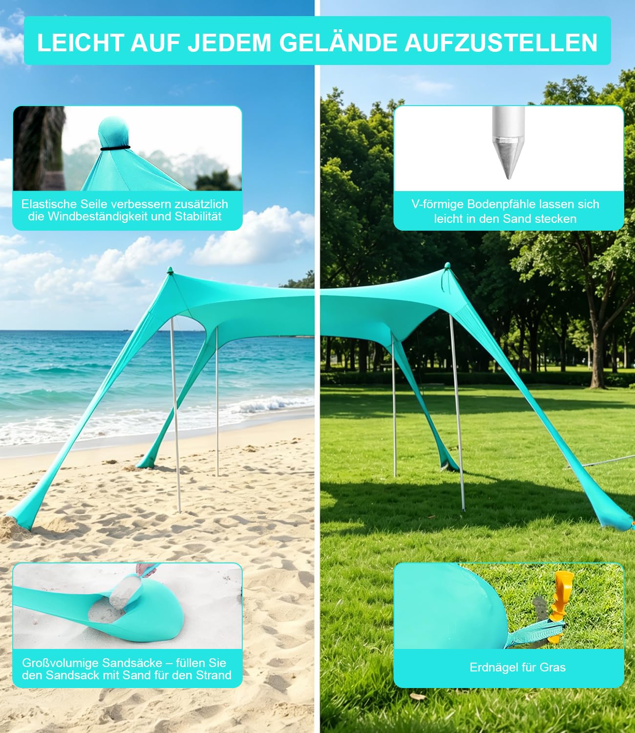UPF50+ Strandzelt 3m x 3m Sonnenzelt mit Sandschaufel & Erdnägeln für Strand Camping Angeln