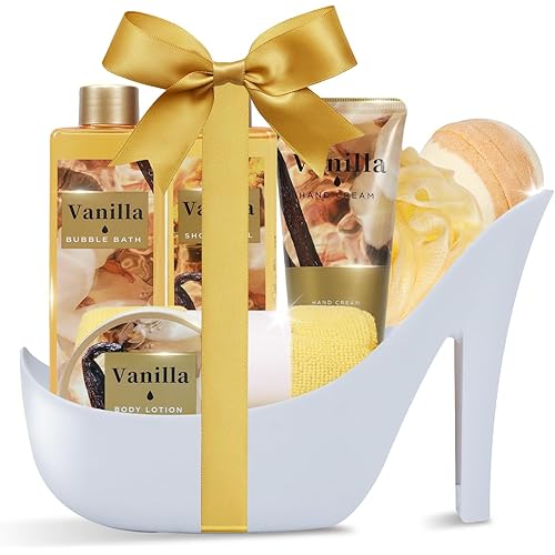 Cozy Vanilla Gifts for Women Spa Basket, High Heel Bath Set with Bubble Bath & Shea Butter, Christmas Birthday Gifts for Mom, Her, Best Friend