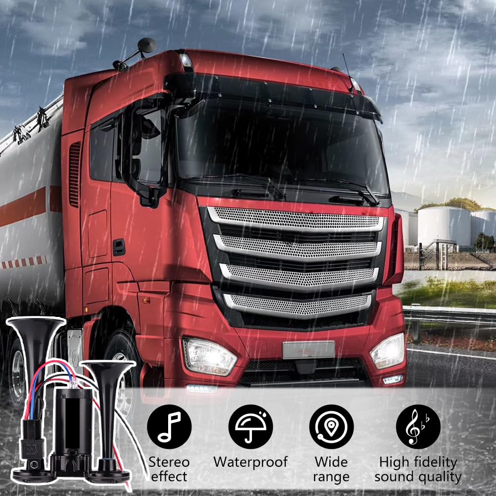 LKW Hupe 12V Laut, 600DB Super Laut Air Horn Autohupe Train Horn, Doppelrohr Lufthorn Drucklufthorn mit Kompressor Kit für alle 12V Fahrzeuge LKW Lörries Züge Boote Cars Vans, Schwarz