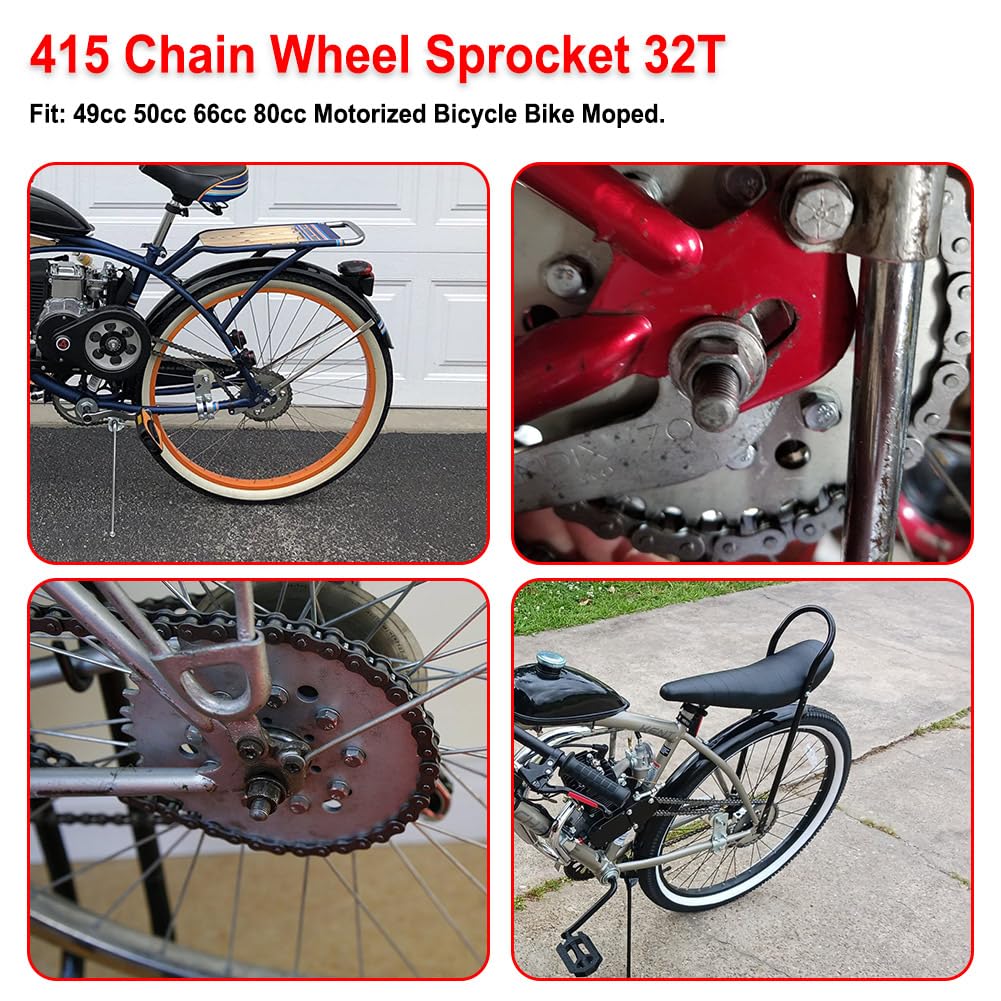 32T Sprocket 415 Chain 32 Tooth for 49cc 50cc 60cc 66cc 80cc Motorized Gas Cycle Bicycle Silver
