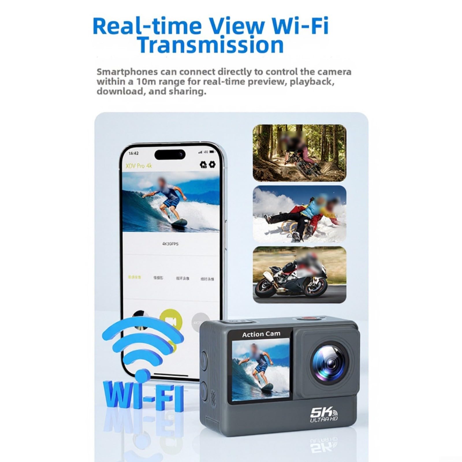 Action Camera 5K HD, leggera e stabilizzata, per ciclismo e avventure all'aria aperta, colore grigio