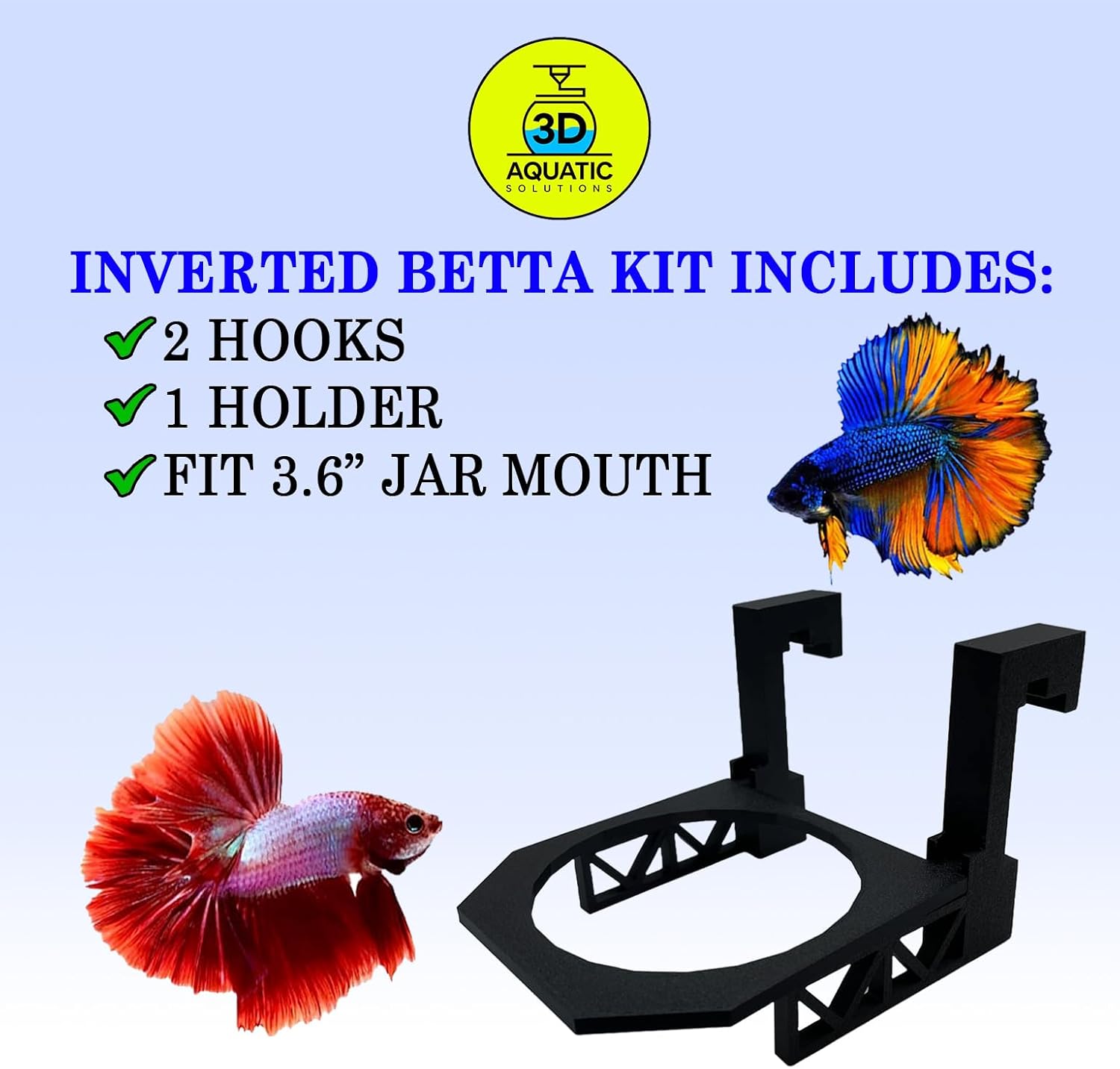 Inverted Betta Tank Holder Kit, 360-Degree Panoramic View for Betta Fish, Expands Swimming Space, Aquarium Inverted Holder, Made in Canada (Black, Large Kit with Jar)