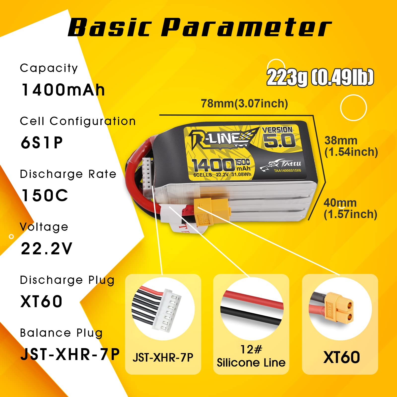 TATTU 6s Lipo Batería 1400mAh 150C 22.2V con XT60 Conector para FPV Racing RC Quadcopter Helicóptero Avión Multimotor Hobby DIY