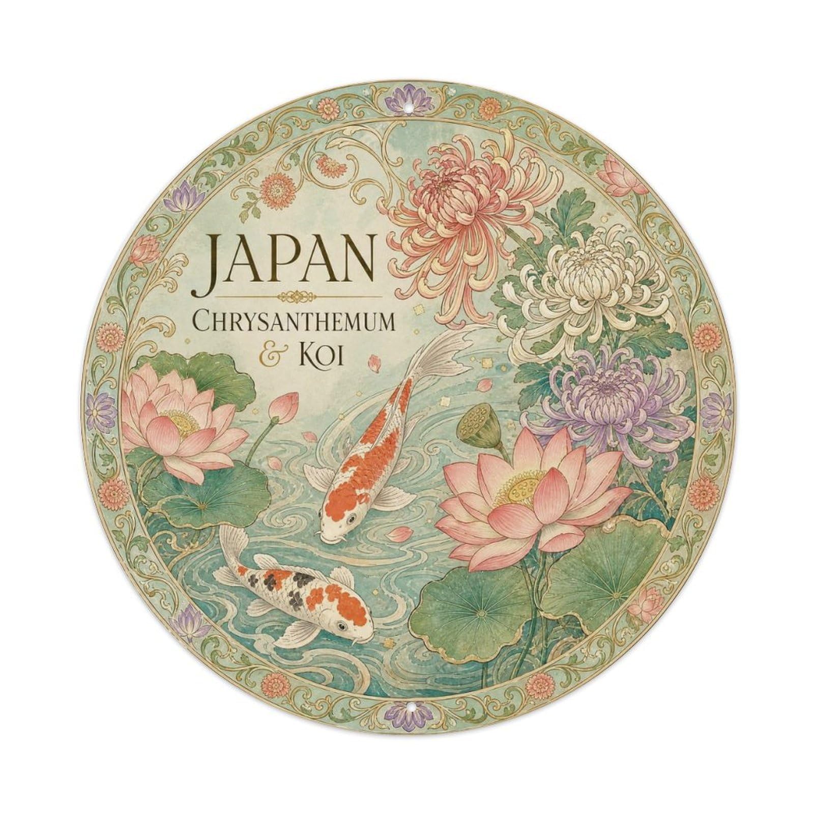 Olyhtr 8X8inch Classic Style Taisho Japan Chrysanthemum Koi Ceramic Folk Metal Tin Sign