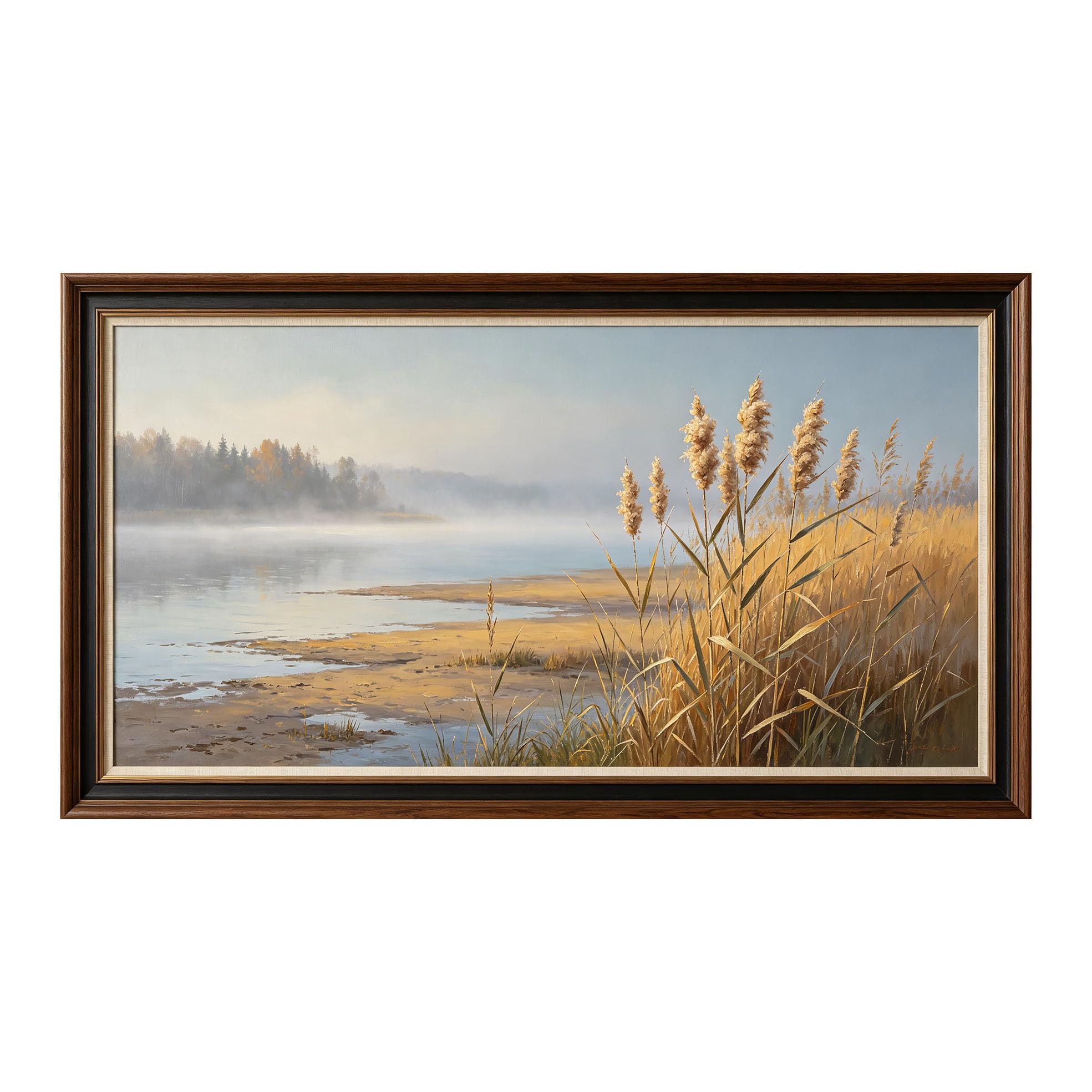 Yzpallescene 3D Framed Wall Art 50cm×100cm Misty Lake Shoreline Reed Scenery Impressionist Oil Painting Large Size SelfAdhesive Removable Wall Decor Prints Artwork for Living Room Bedroom Office