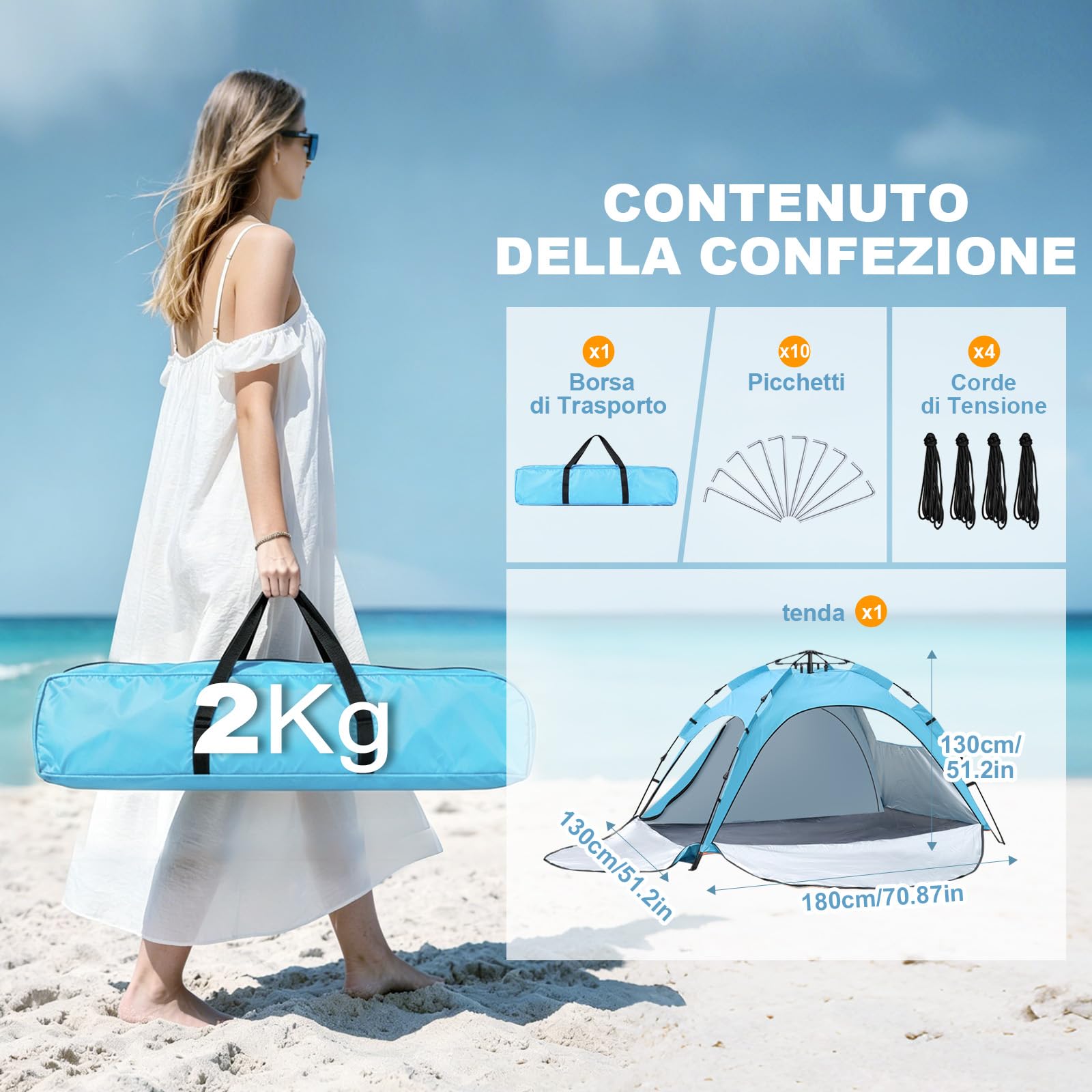 JONRRYIN Tenda da Spiaggia Pop Up per 2-3 Persone, Tenda Mare Spiaggia con Protezione UV 50+, 3 Ingressi, Gancio Interno e 4 Sacche di Sabbia, Struttura Portatile per Campeggio e Picnic