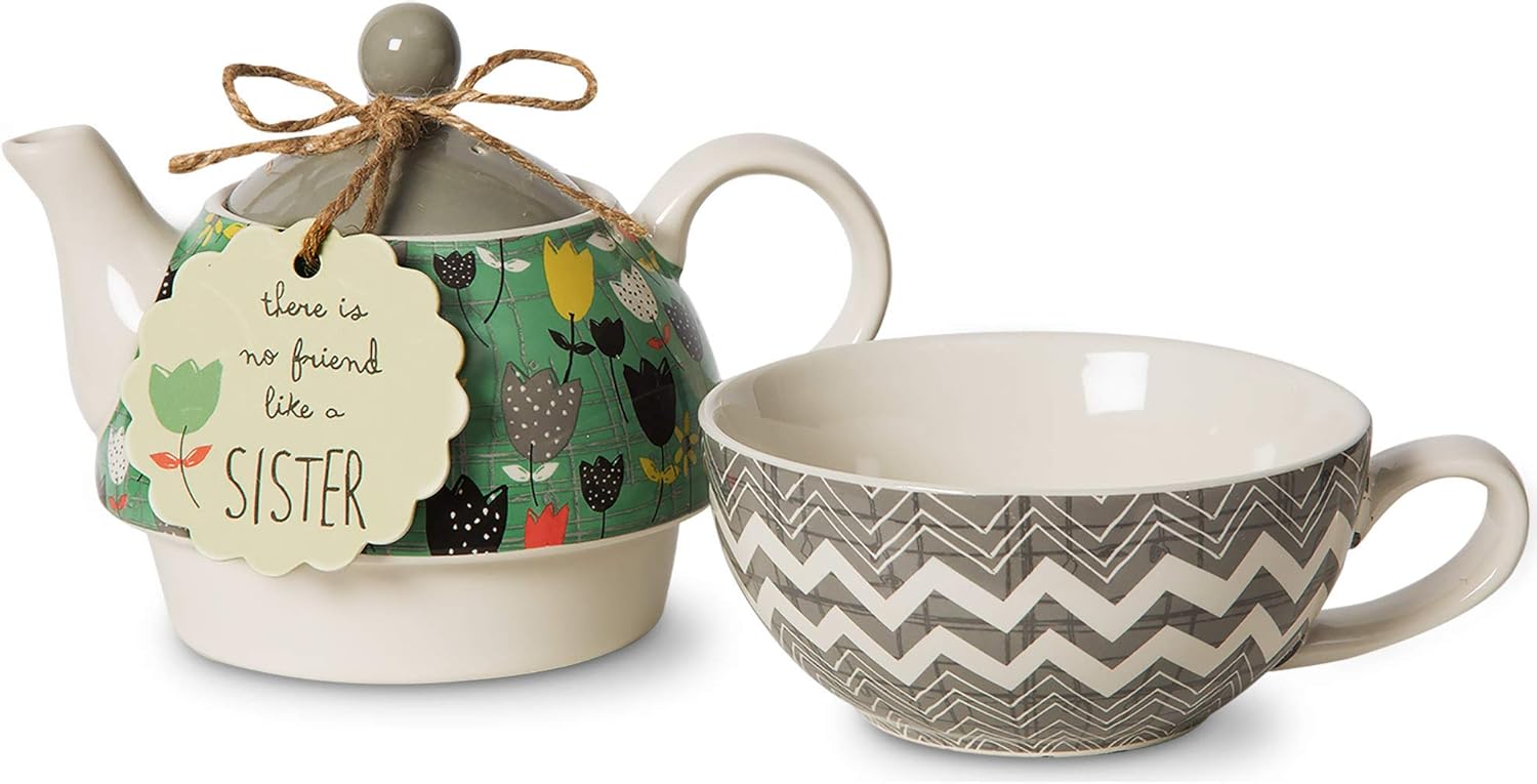 Pavilion Gift Company Bloom Sister Ceramic Tea for One, 15 oz, Multicolor