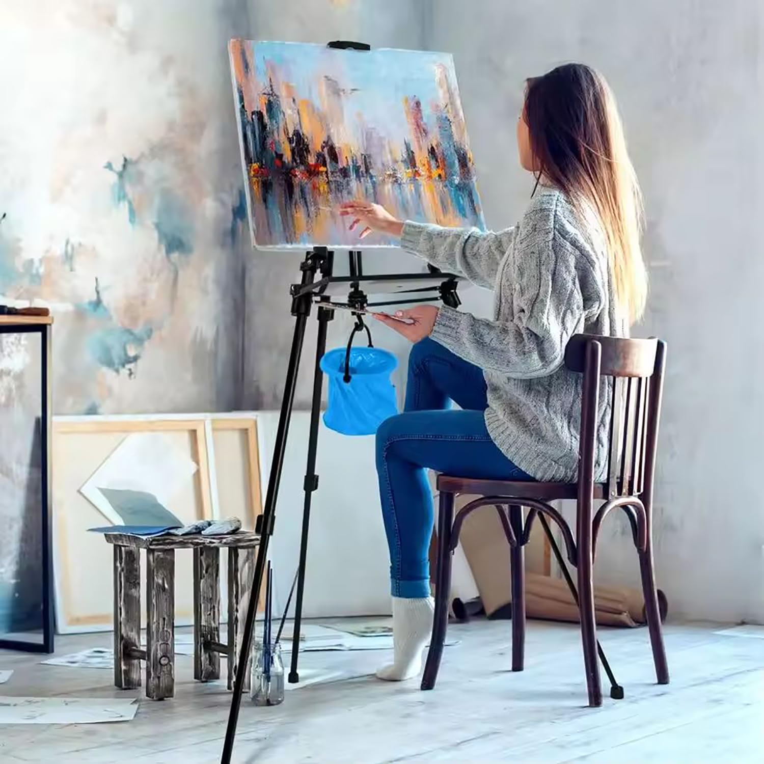 Staffelei Schwarz, Staffeleien, Höhenverstellbare Staffelei für Kuntsmalerei 57-157cm, Werbung mit Kompass, Wasserwaage, Haken für Wassereimer, Pinselablage,Tragetasche für Kuntsmalerei und Werbung
