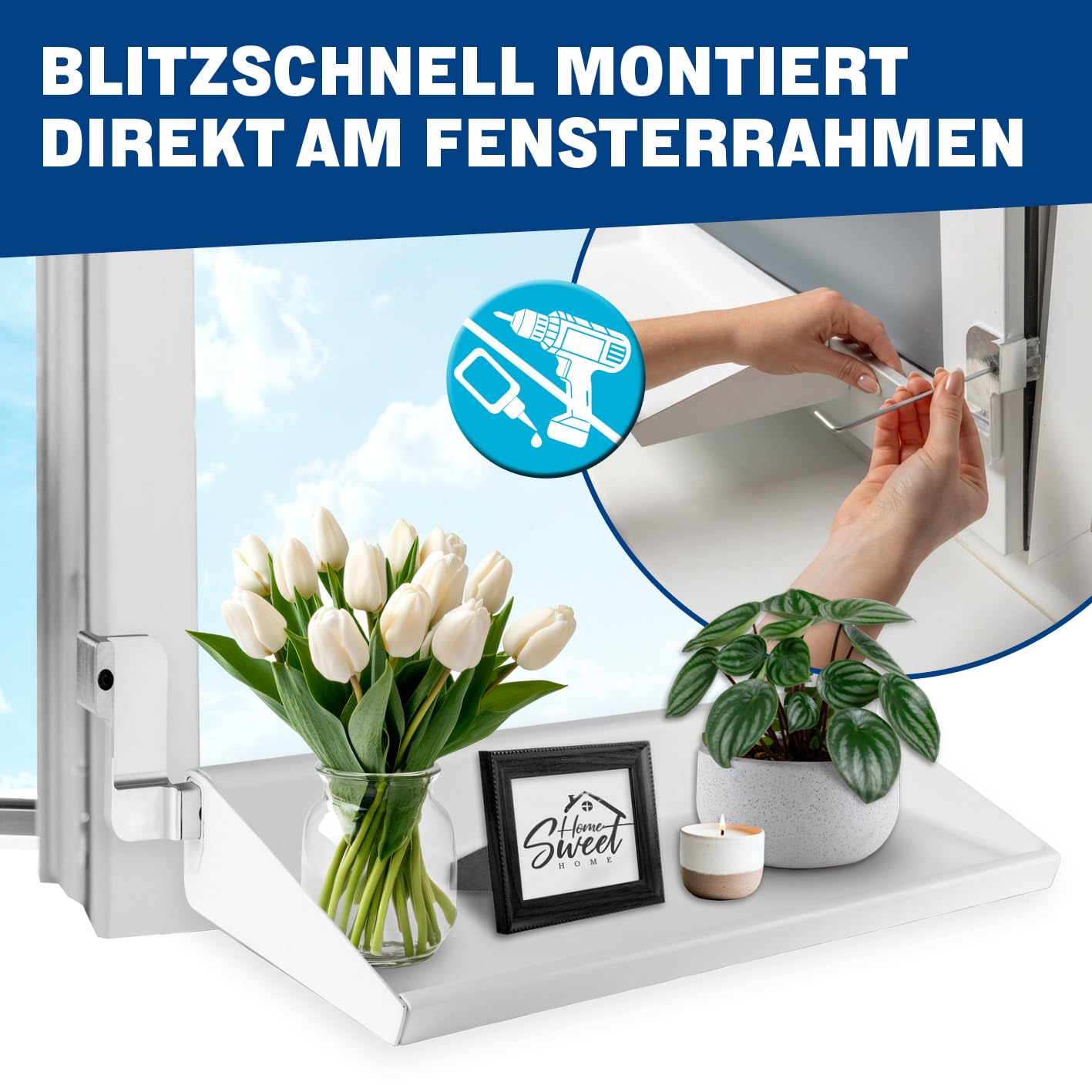 Flexible Fensterbank für fast alle Fenster | Lüften ohne Abräumen, ohne Bohren & Kleben, einfach einklemmen | Teleskop 55–86 cm für Fensterbreite 65–107 cm, bis 5 kg