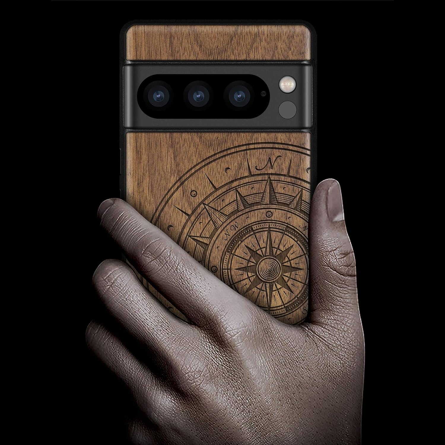 Carveit Wood Case for Pixel 8 Pro Case [Natural Wood & Black Soft TPU] Shockproof Protective Unique Wooden Cover Compatible with Google Pixel 8 Pro (Wave Compass-Walnut)