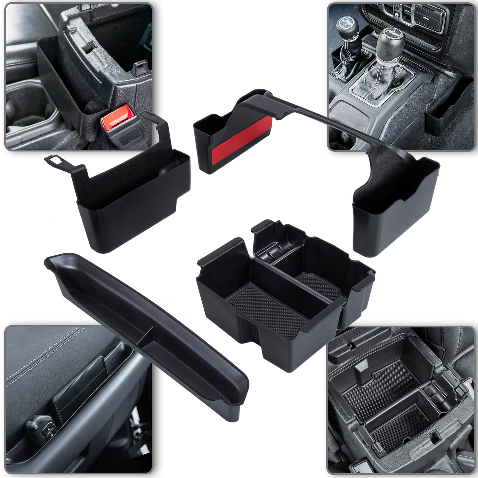 4PCS Gear Shift Side Tray Organizer, Compatible with 2018-2024 Jeep Wrangler JL JLU & Gladiator JT Center Console Organizer Tray Armrest Storage Box Interior Accessories