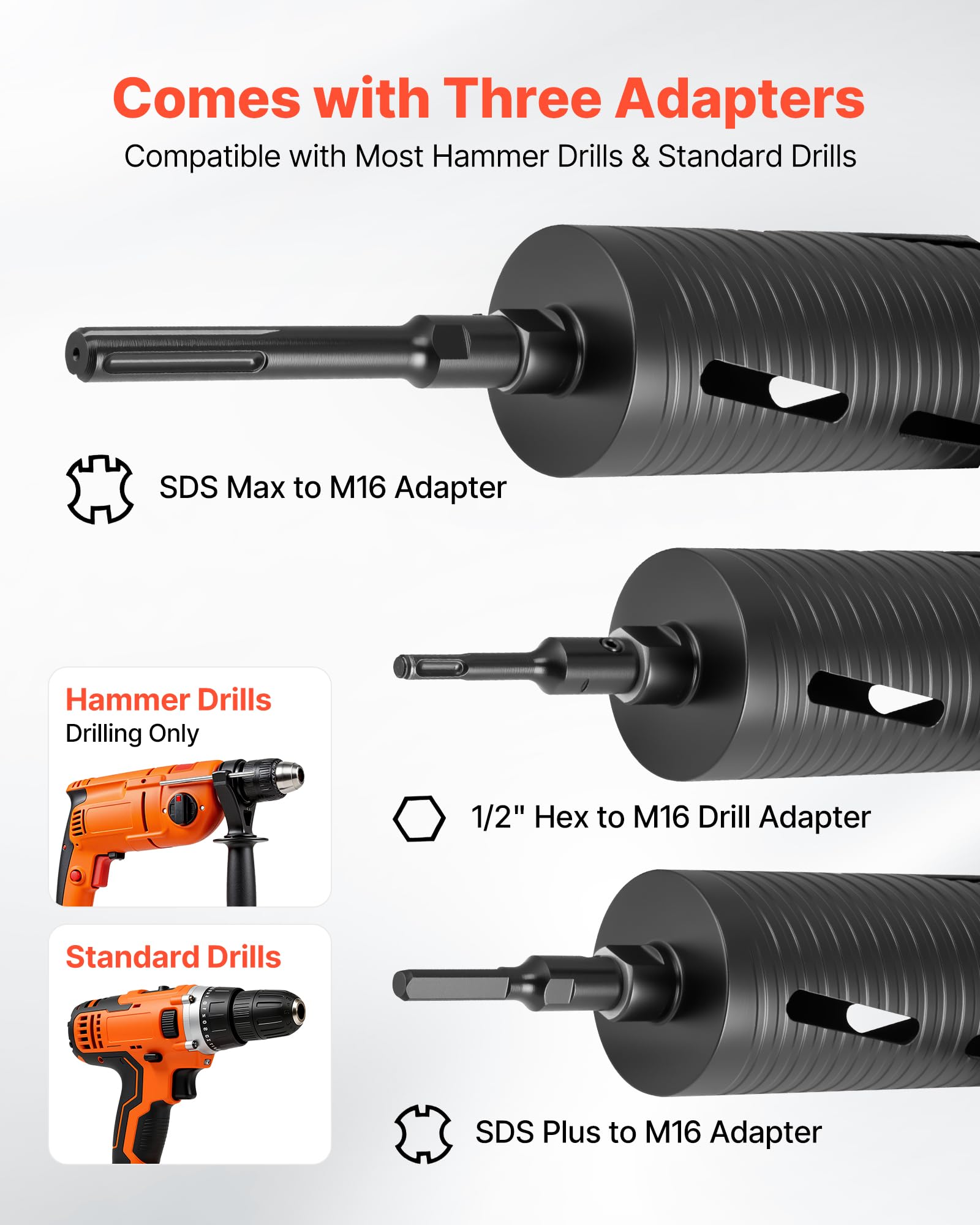 VEVOR Broca de Corona para Perforación en Seco, 102 mm Diámetro, 241 mm Profundidad, Rosca Interna M16, con 3 Adaptadores, Broca Piloto, Llave Hexagonal a Hormigón Armado, Ladrillo y Mampostería
