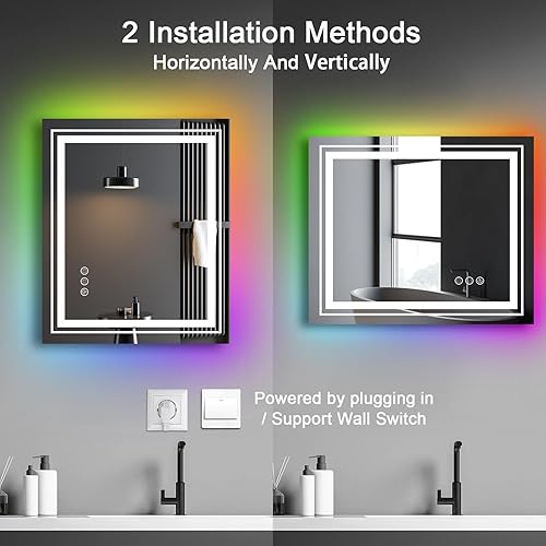 Miniatura 6 de Snowdool Espejo de baño LED de 32 x 32 pulgadas con luces, espejo antivaho con retroiluminación RGB, espejo de tocador de baño con luz inteligente