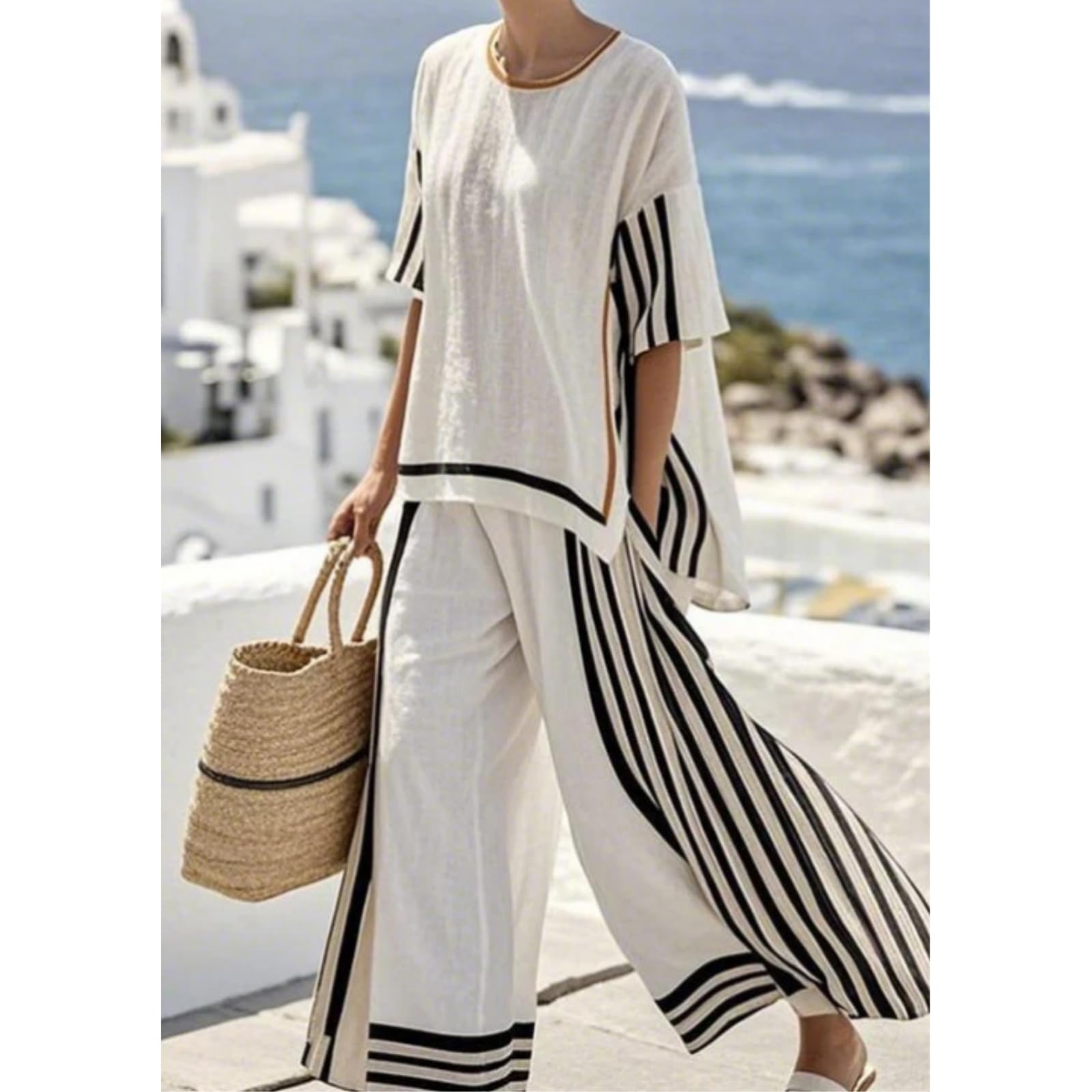 Generisch Set di 2 pezzi da donna in lino con strisce oversize, con camicia e pantaloni a mezza manica larga