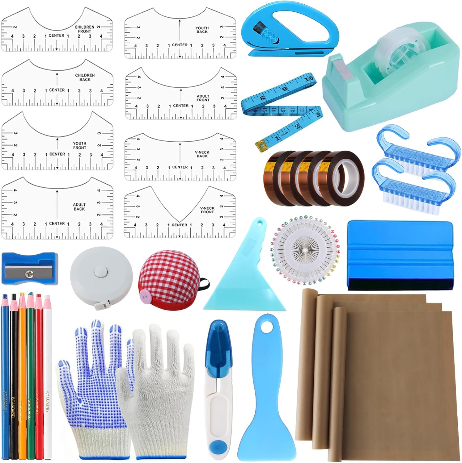XEUZK Sublimation Shirts Tool Kits With 8 T Shirt rulers, 3Pack Teflon Sheet for Heat Press 12*16in, Heat Resistant Gloves With Silicone Bumps, 2 Rolls Heat Resistant Tape & Sublimation pencil (Blue)