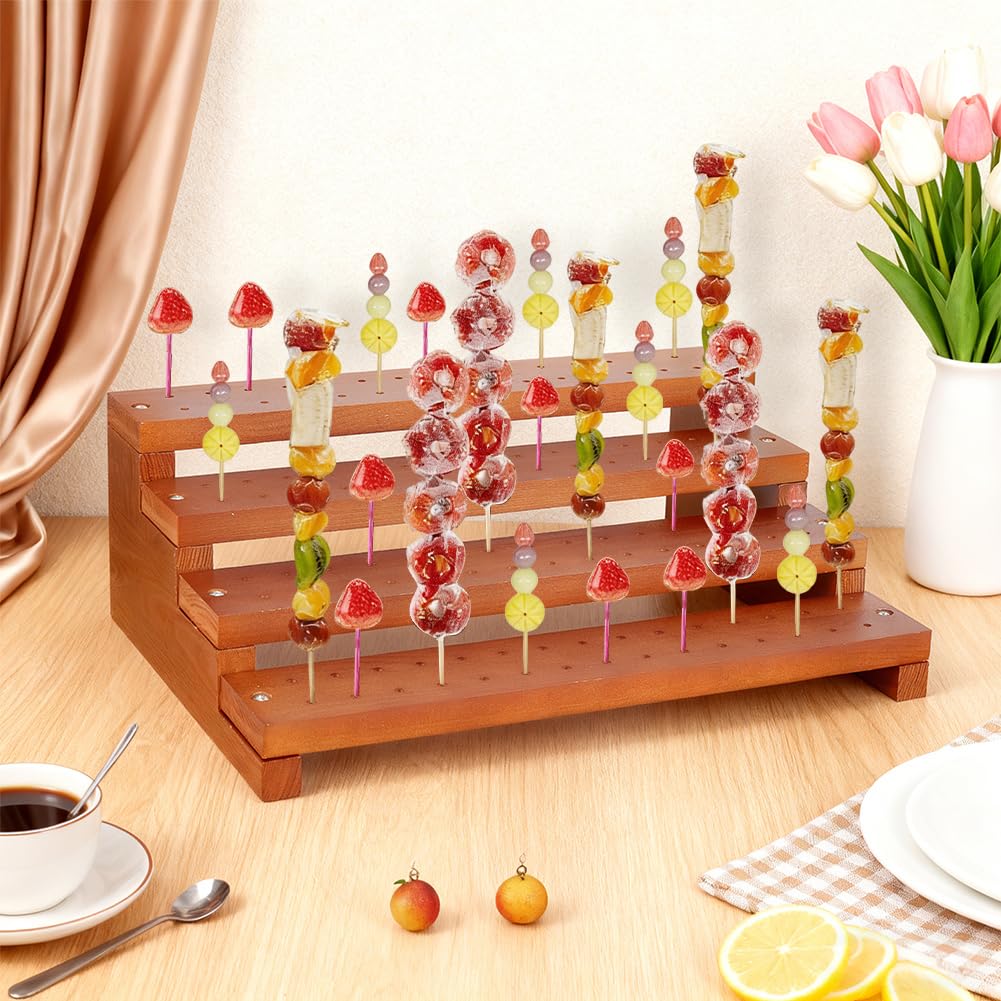 PH PandaHall 120 Trous Support à Brochettes en Bois Présentoir Apéritif, 4 Niveaux Présentoir à Suçettes Bois pour Buffet de Fête, Fruits, Légumes Cocktail Réception, 35x24cm