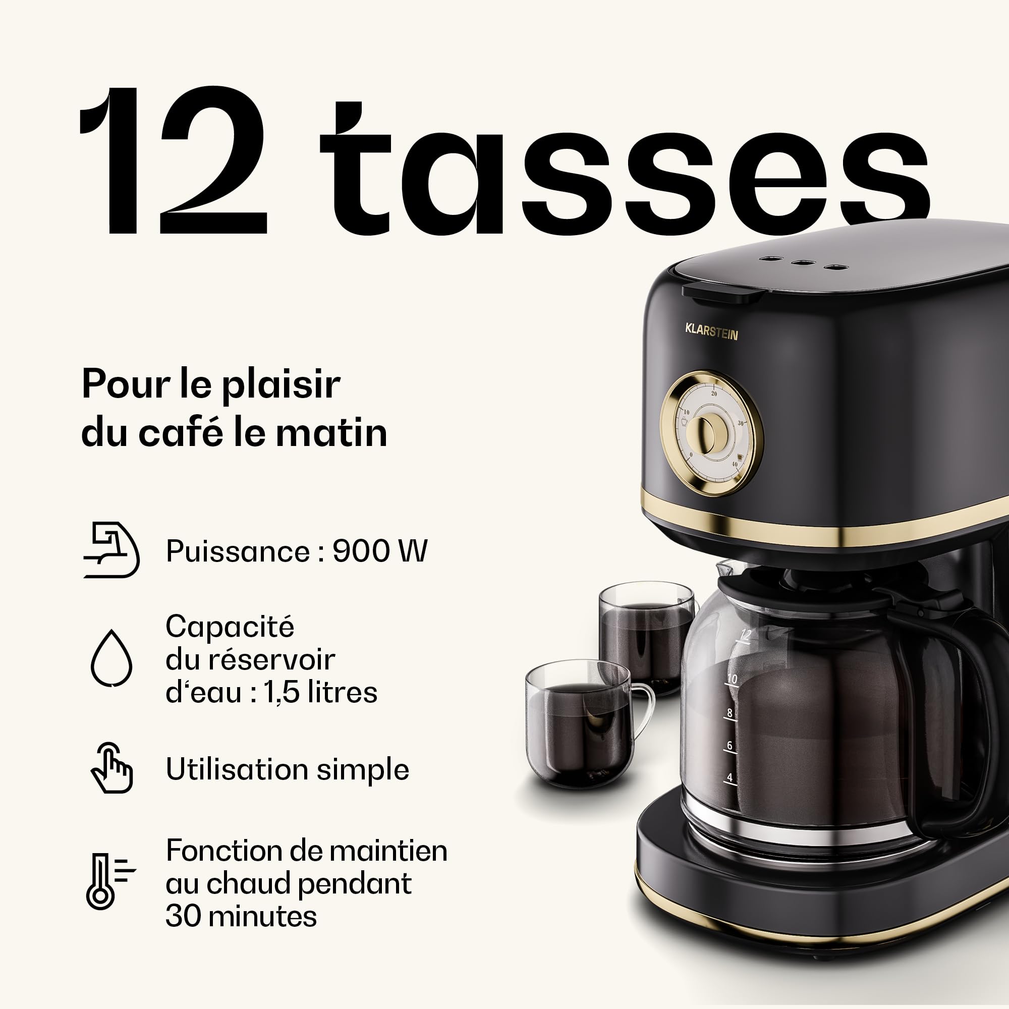 KLARSTEIN Victoria Set Petit-Déjeuner Complet – Grille-Pain 2 Fentes 7 Niveaux, Bouilloire Électrique 1,7L, Cafetière Filtre 12 Tasses, Design Rétro, Noir