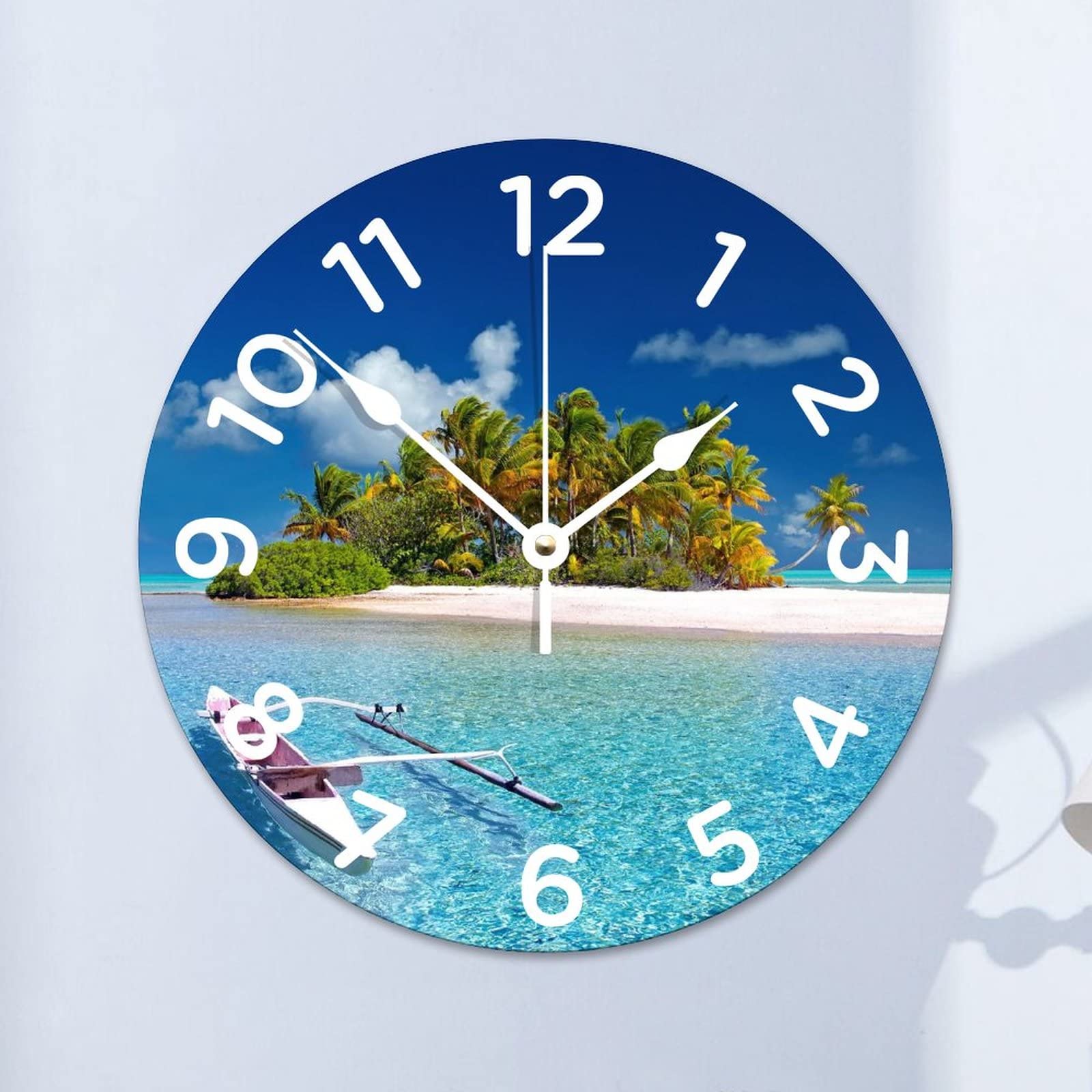 Horloge murale en bois silencieuse Island Beach grande pendule ronde facile à lire 38 cm