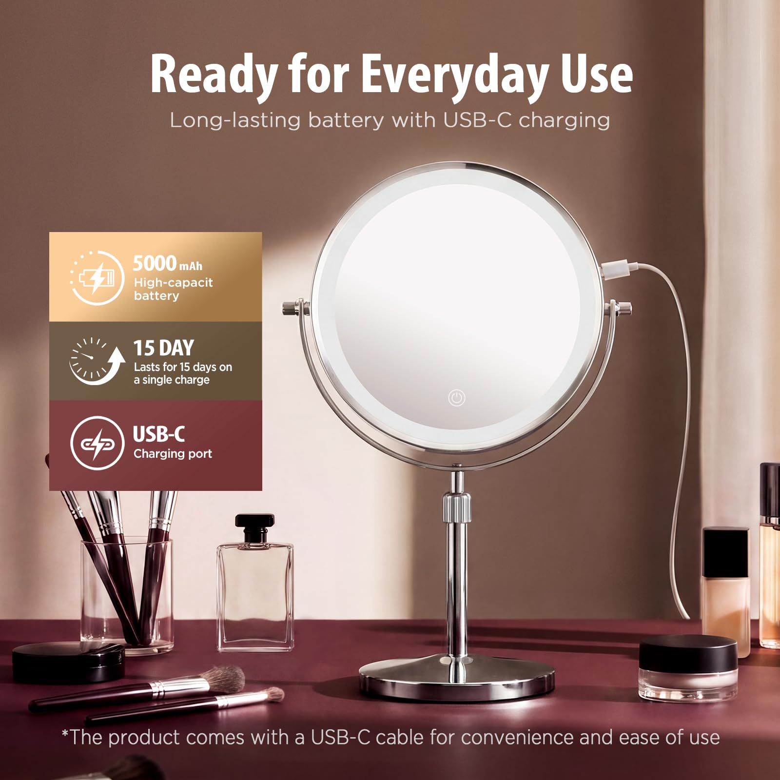 9-Inch Double-Sided LED Makeup Mirror, 1X/30X Magnification