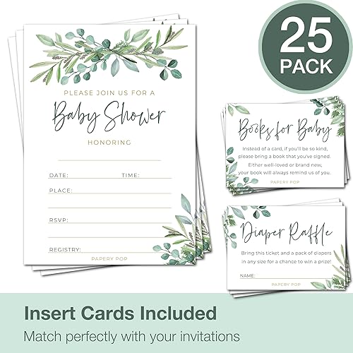Miniatura 2 de Juego de 25 invitaciones para baby shower con sobres, boletos para rifas de pañales y tarjetas de solicitud de libro de baby shower, eucalipto