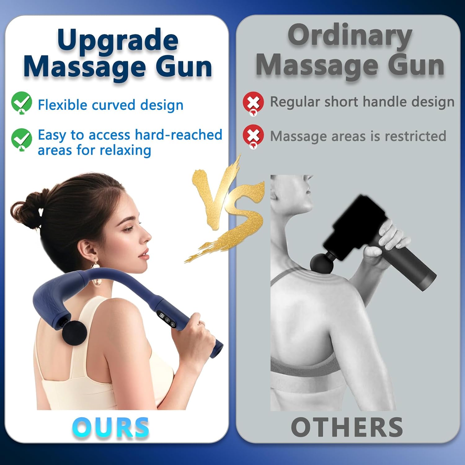 Massage Gun with Upgraded Extension Handle, Back Massager for Pain Relief Deep Tissue, Muscles/Neck/Shoulders/Waist/Legs Massager with 4 Massage Heads & 6 Speed Levels & 3 Massage Modes, Blue - Image 2