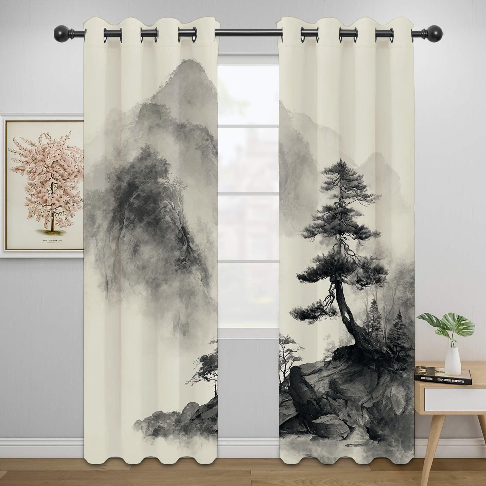 Zasłona nieprzejrzysta na przelotkach, malarstwo tuszowe, zasłony na przelotkach, dekoracyjna, zaciemniająca, zestaw 2 sztuk, wys. 140 x szer. 110 cm (2 sztuki)