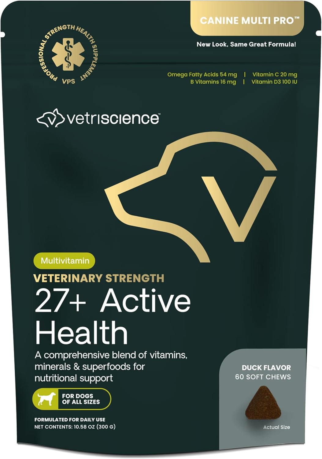 VetriScience Veterinary Strength 27+ Active Health Chews – Comprehensive Dog Multivitamin for Dog Health & Wellness – Digestive Support – Duck Flavor – 60 Count