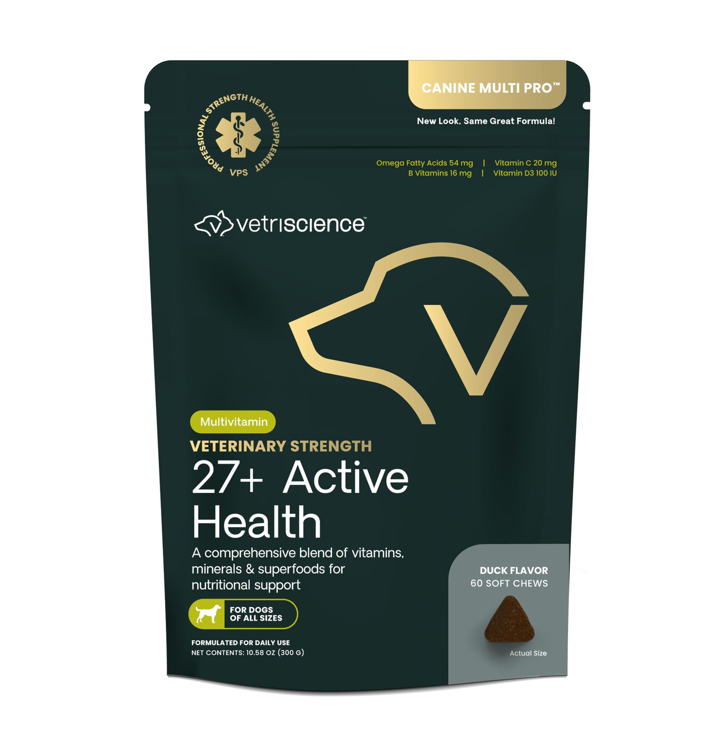 Veterinary Strength 27+ Active Health Chews - Comprehensive Dog Multivitamin for Dog Health & Wellness - Digestive Support - Duck Flavor - 60 Count
