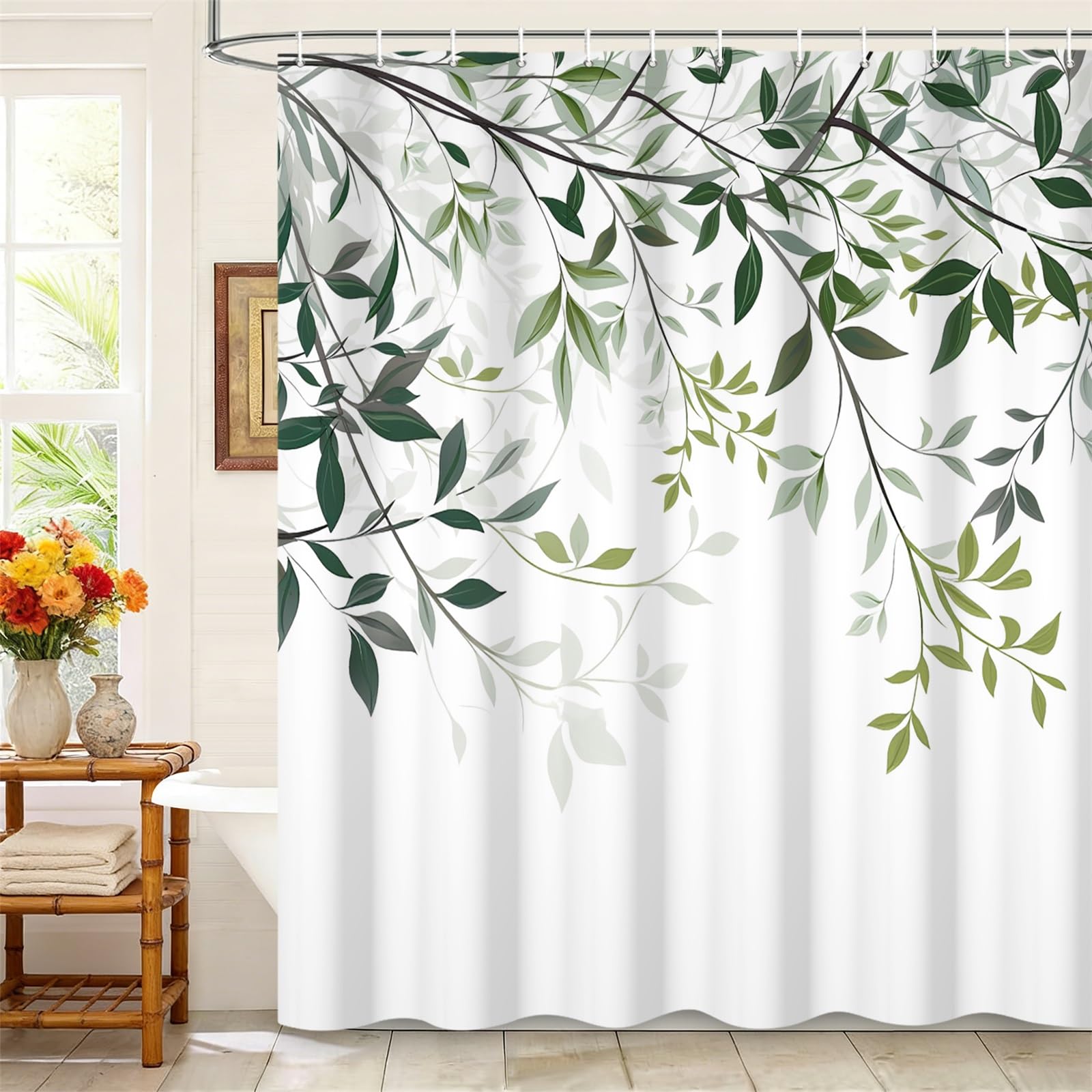 Kzzfqxb 183x213cm Leaves Shower Curtains with Hooks, White Background Hanging Eucalyptus Greenleaves Plants Branches Occluded Waterproof for Bath, Polyester Fabric Bathroom Bathtub Natural Decor โ image 1