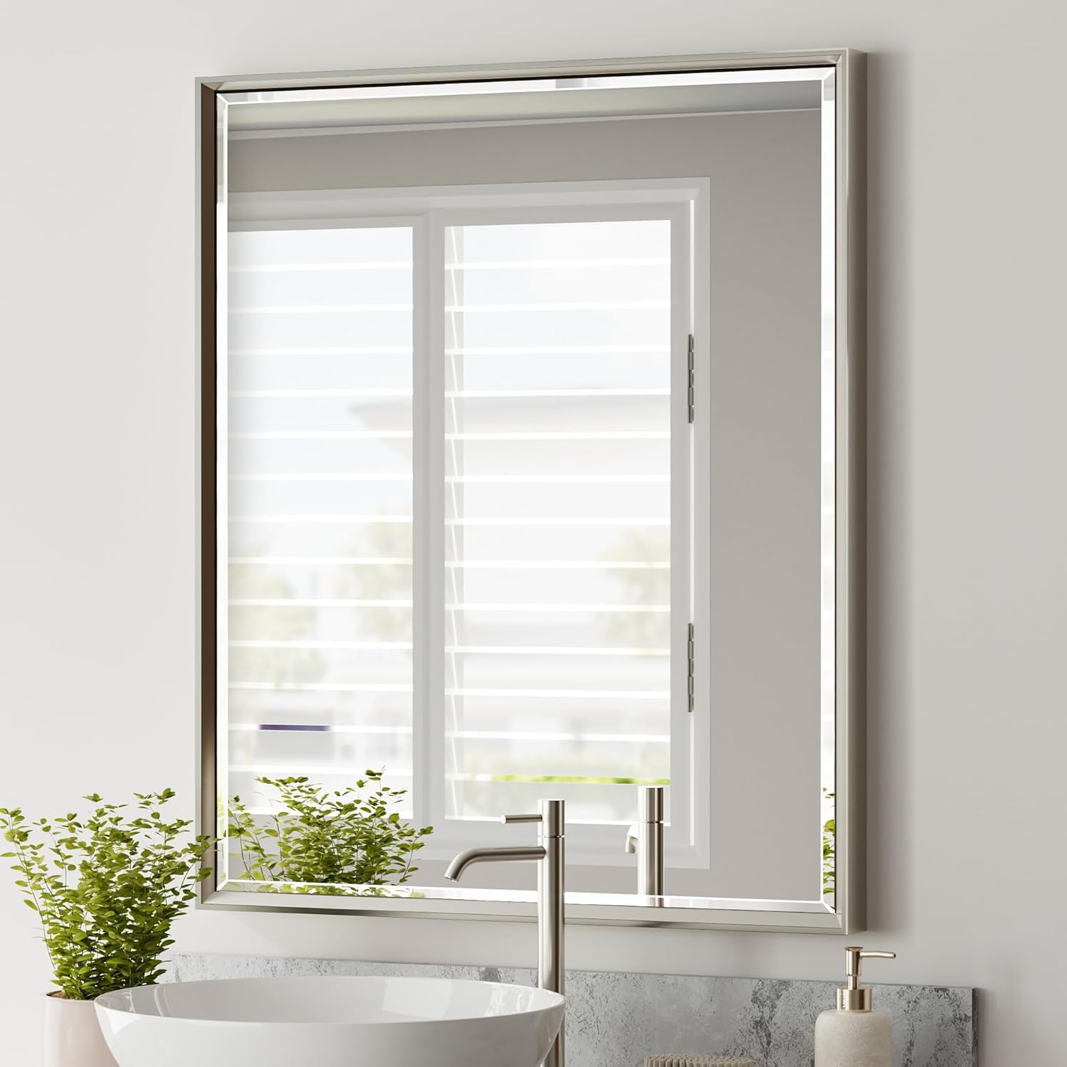 Brushed Nickel Bathroom Mirror, 30×36 Inch Beveled Framed Bathroom Mirror Anti-Rust, Brushed Nickel Metal Frame Bathroom Vanity Mirror for Wall, Vertical/Horizontal Wall-Mounted Mirrors