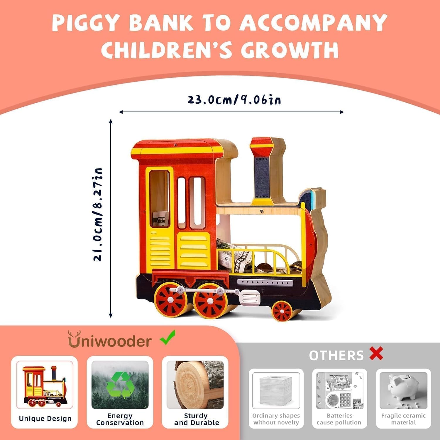 Wooden Locomotive Piggy Bank for Kids, Train Kids Money Box for Boys, Unbreakable Toddler Coin Jar for Boys Girls, Coin Bank with Stickers for Birthday Gifts, Educational Toys, Home Decor