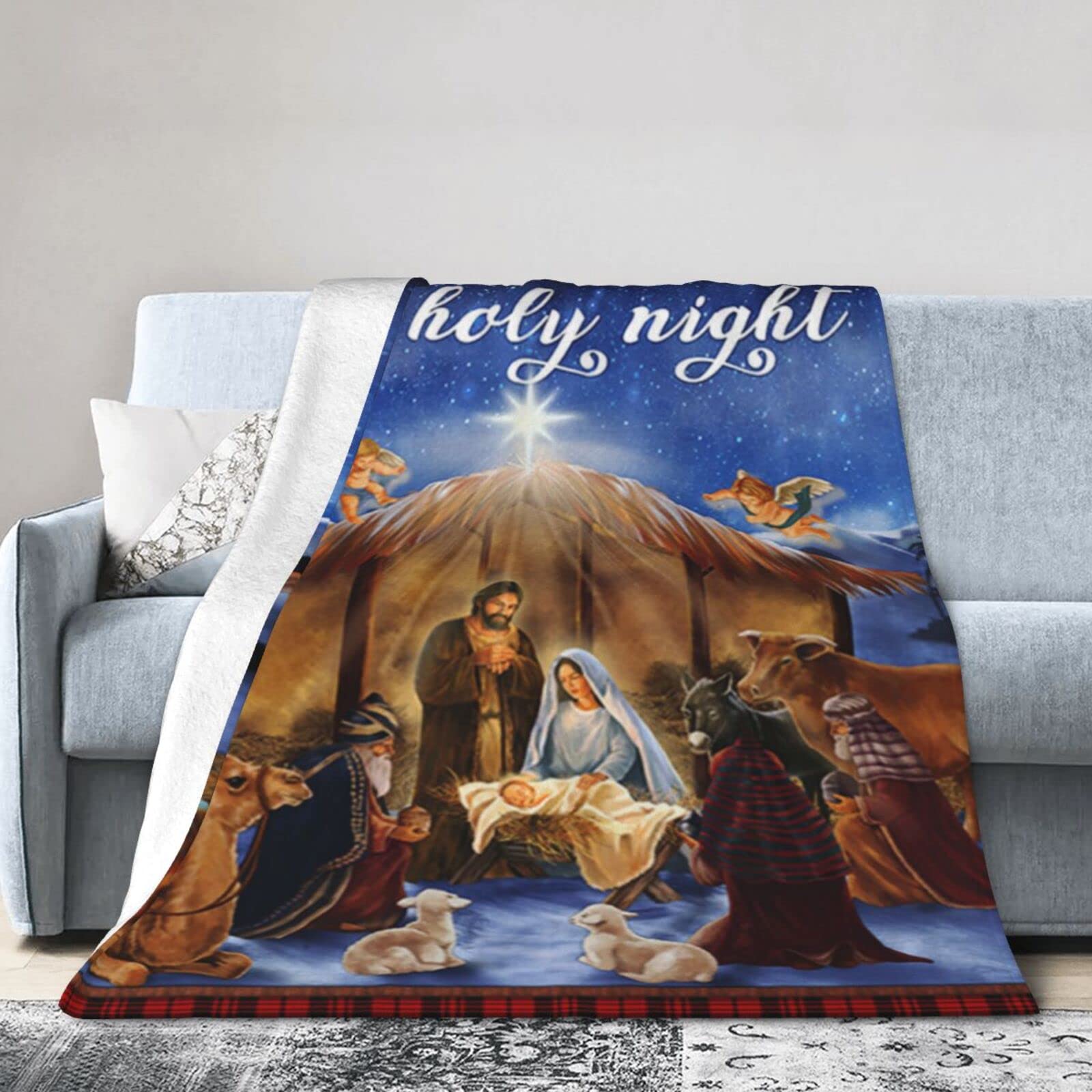 Lsjuee Christmas Flannel Fleece Blanket 40"X30" Nativity Scene Oh Holy Night Jesus was Born Bed Throw Blanket Quality Ultra-Soft Travel Winter Blankets for Boys Keep Warm