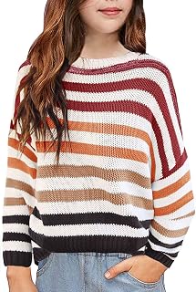 Girls Sweaters Long Sleeve Color Block Striped Oversized Sweater for Kids Knitted Crew Neck Pullovers Tops