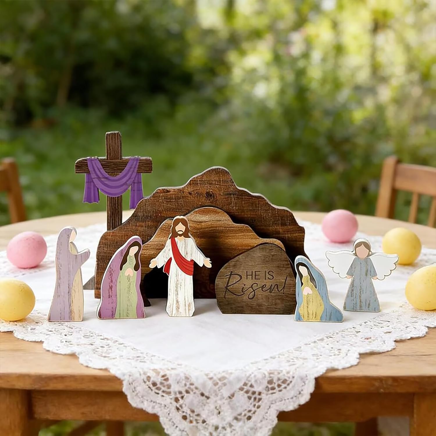 EAZZ Empty Tomb Easter Scene Cross Decoration, Wooden Resurrection Tabletop Decor Set for Religious Home, Office, Shelf & Farmhouse Display