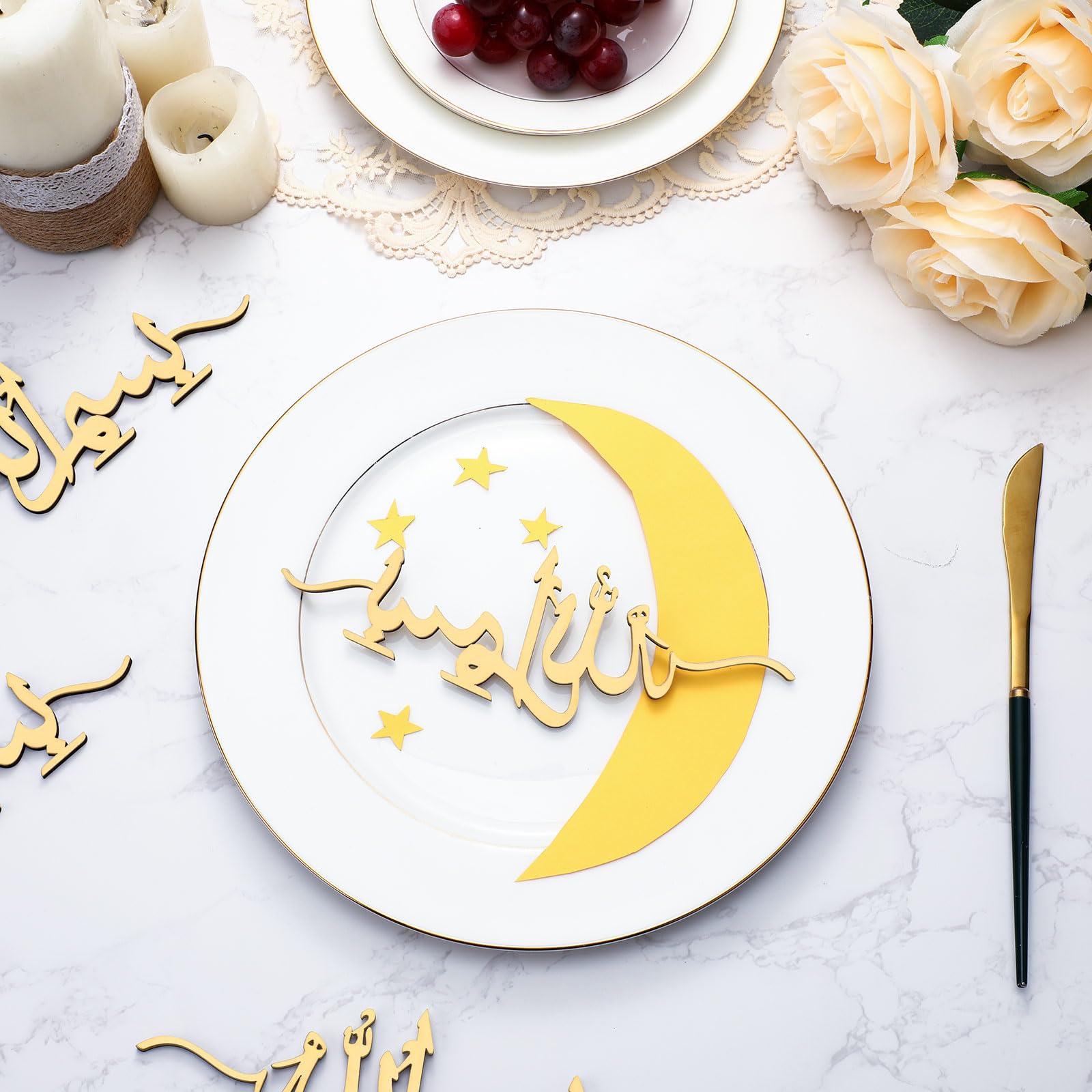DoubleFill Lot De 12 Plaques Bois Ramadan Aïd Al Adha - Décoration Table Islamique 20x7cm