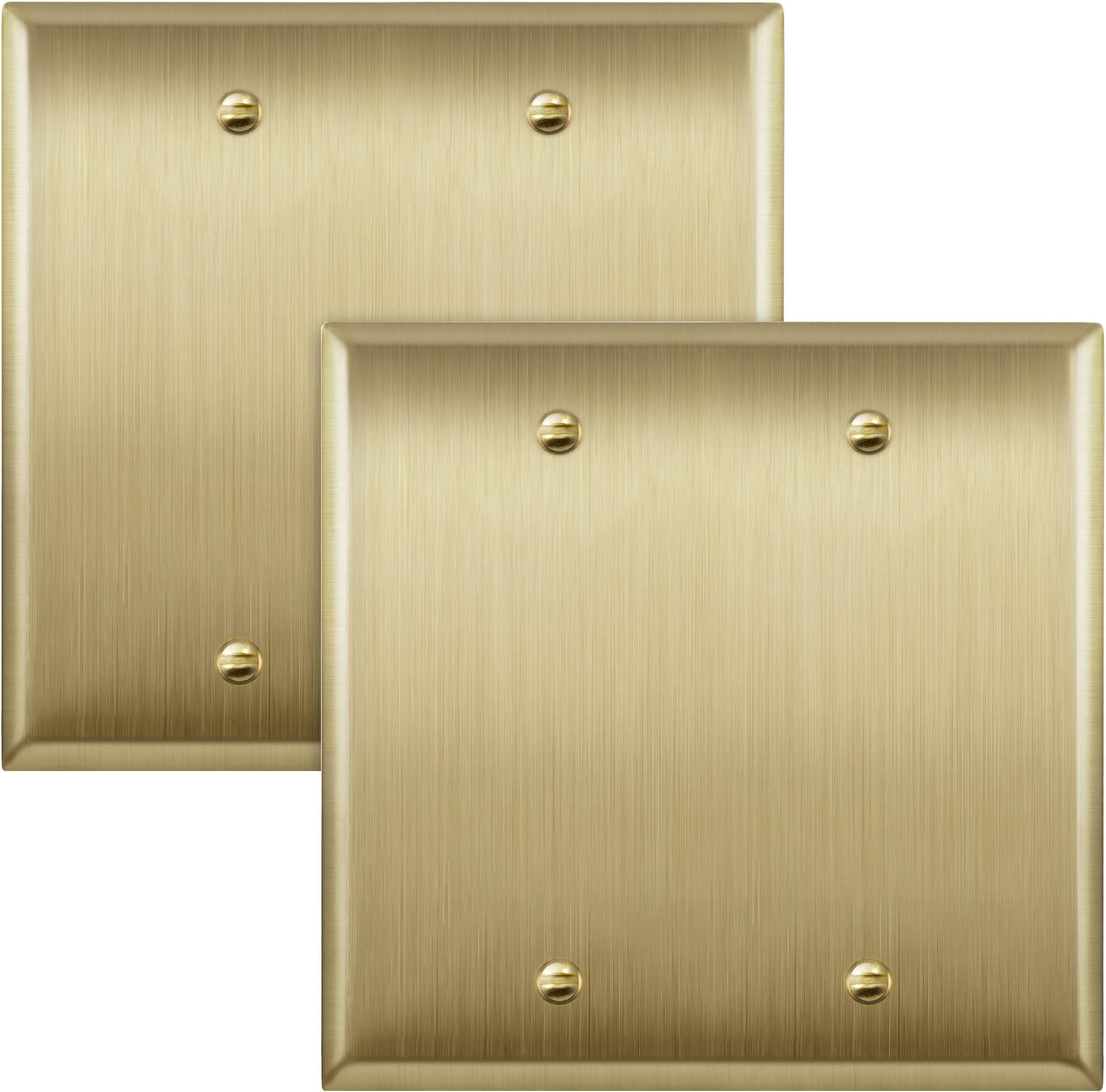 ENERLITES Blank Device Metal Wall Plate, Stainless Steel 201, Corrosion Resistant, Size 2-Gang 4.50" x 4.57", 7702-BB-2PCS, Brushed Brass, Gold, 2 Pack
