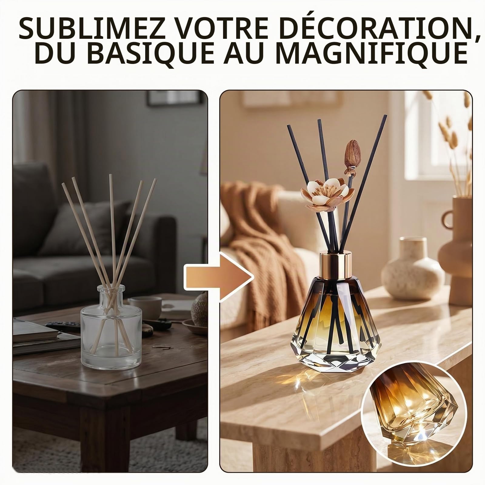 Lot de 2 flacons diffuseurs vides Rechargeables en Verre de 60 ML pour aromathérapie, Parfum, Accessoires de Rechange pour décoration d'intérieur et de Salle de Bain